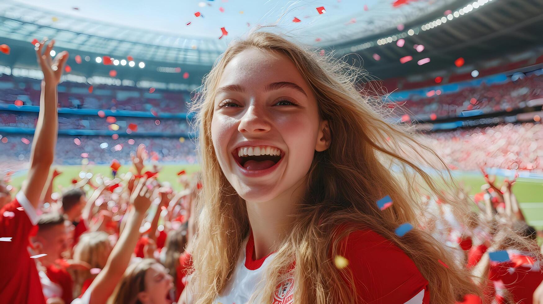 Excited Caucasian Young Female Soccer Fan Cheering and Celebrating Her Team's Victory with Enthusiasm During a Championship Match at a Crowded Sports Stadium photo