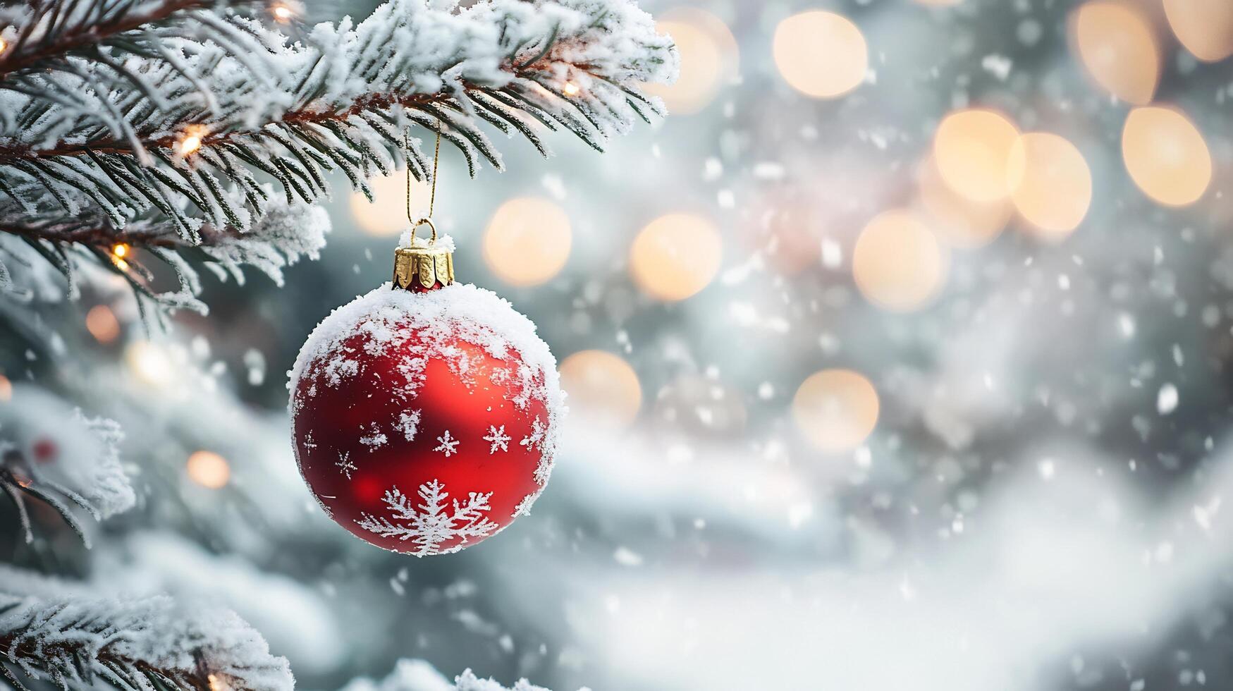 Sparkling Red Christmas Ball Ornament Hanging on Snow Covered Fir Tree Branch with Bokeh Lights photo