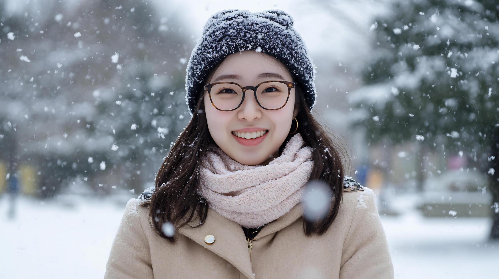 Cheerful Woman Embracing Winter Wonderland with Warm Smile and Cozy Attire photo