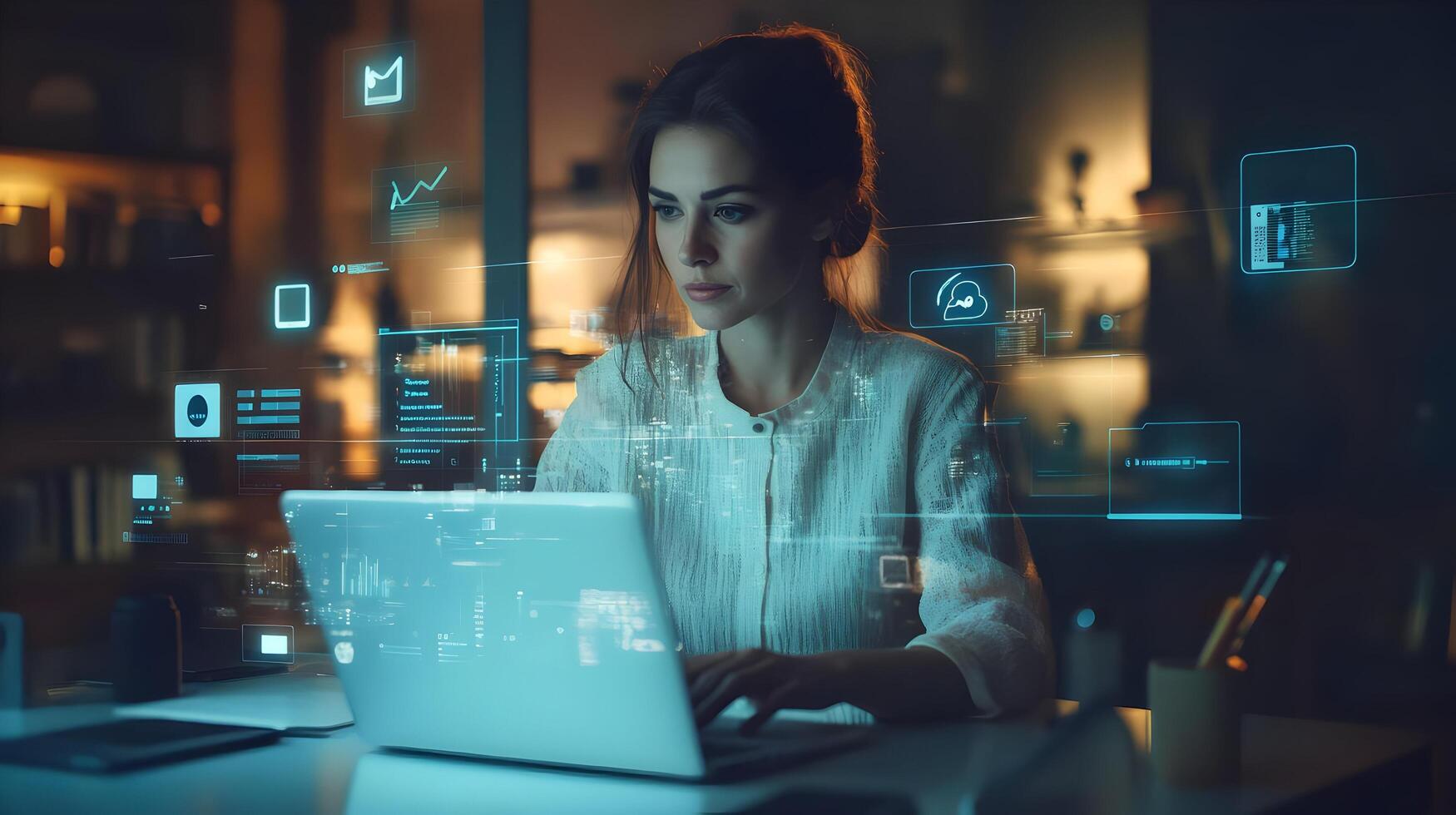 Stylish Caucasian Female Project Manager Works Diligently on Laptop,Surrounded by Virtual Social Media and Connectivity Icons in a Modern,High-Tech Office Environment photo
