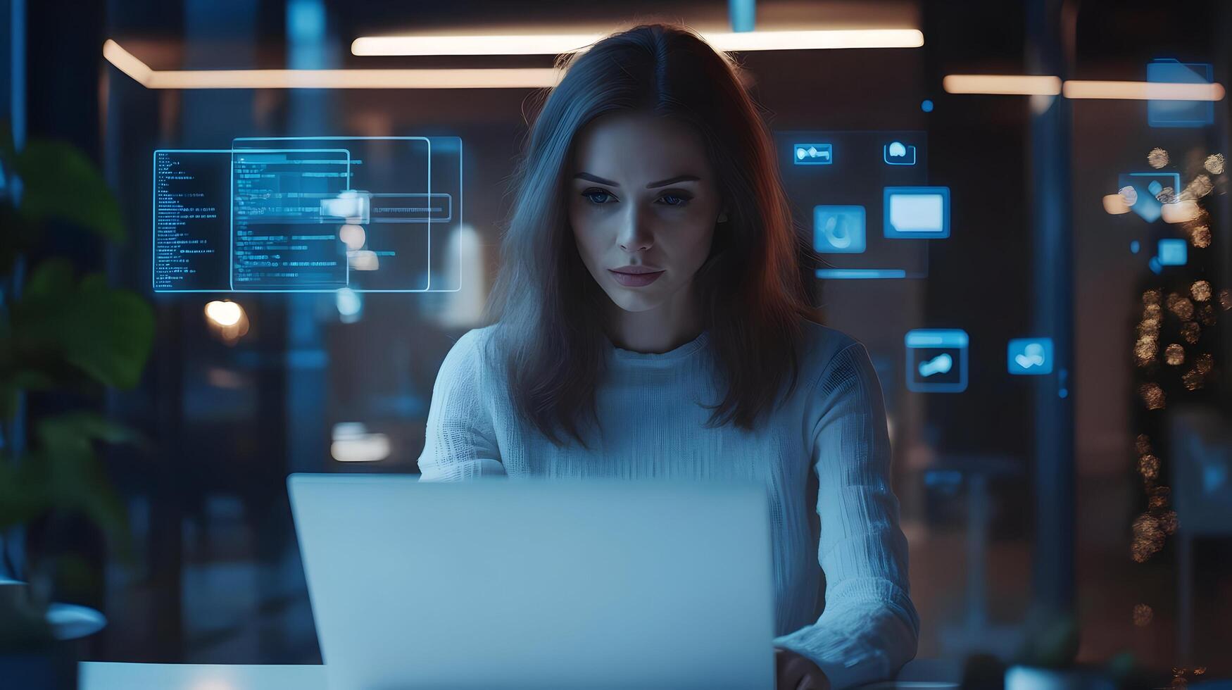 Portrait of stylish Caucasian female project manager working intently on laptop computer in a modern,high-tech office setting surrounded by virtual social media icons and connectivity indicators. photo