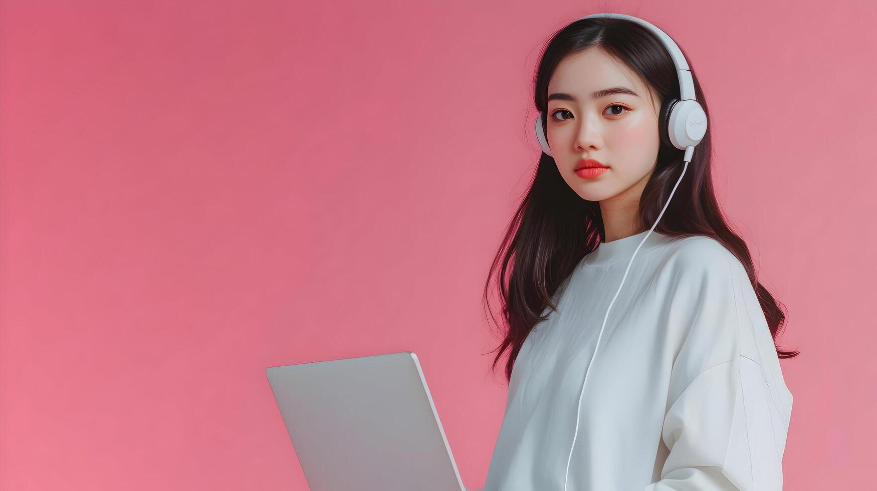 Concentrated Young Woman Student Engaged in Academic Research and Studying with Laptop Computer and Headphones on Pink Color Background photo