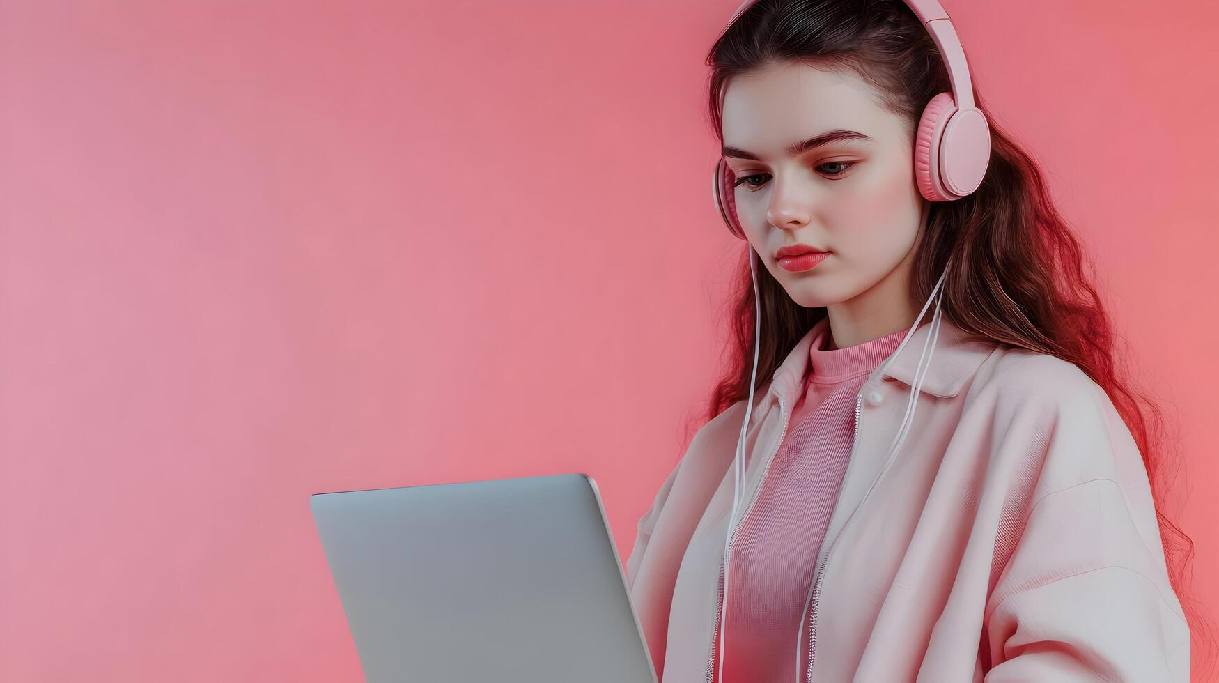Concentrated Young Woman Student Studying or Conducting Academic Research with Laptop and Headphones on Vibrant Pink Background,Showing Productivity,Focus,and Dedication to Learning photo