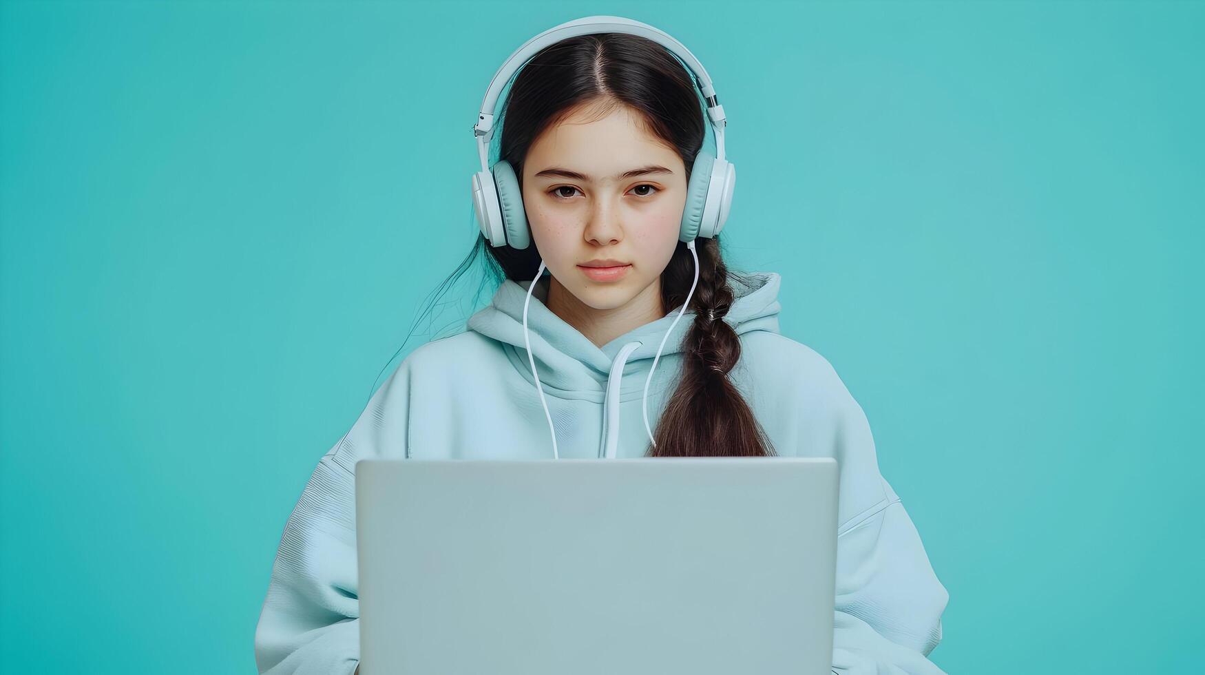 Concentrated Young Female Student Engaged in Serious Academic Research Work With Laptop Computer and Wireless Headphones,Sitting at Desk Against Colorful Minimalist Background photo