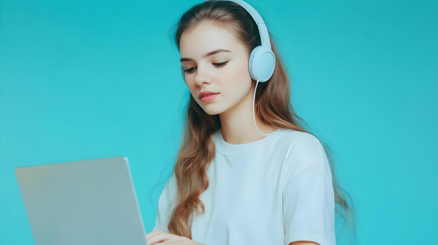 Portrait of a Focused and Determined Young Female Student Deeply Engaged in Academic Research Using a Laptop and Headphones on a Vibrant Blue Background. photo
