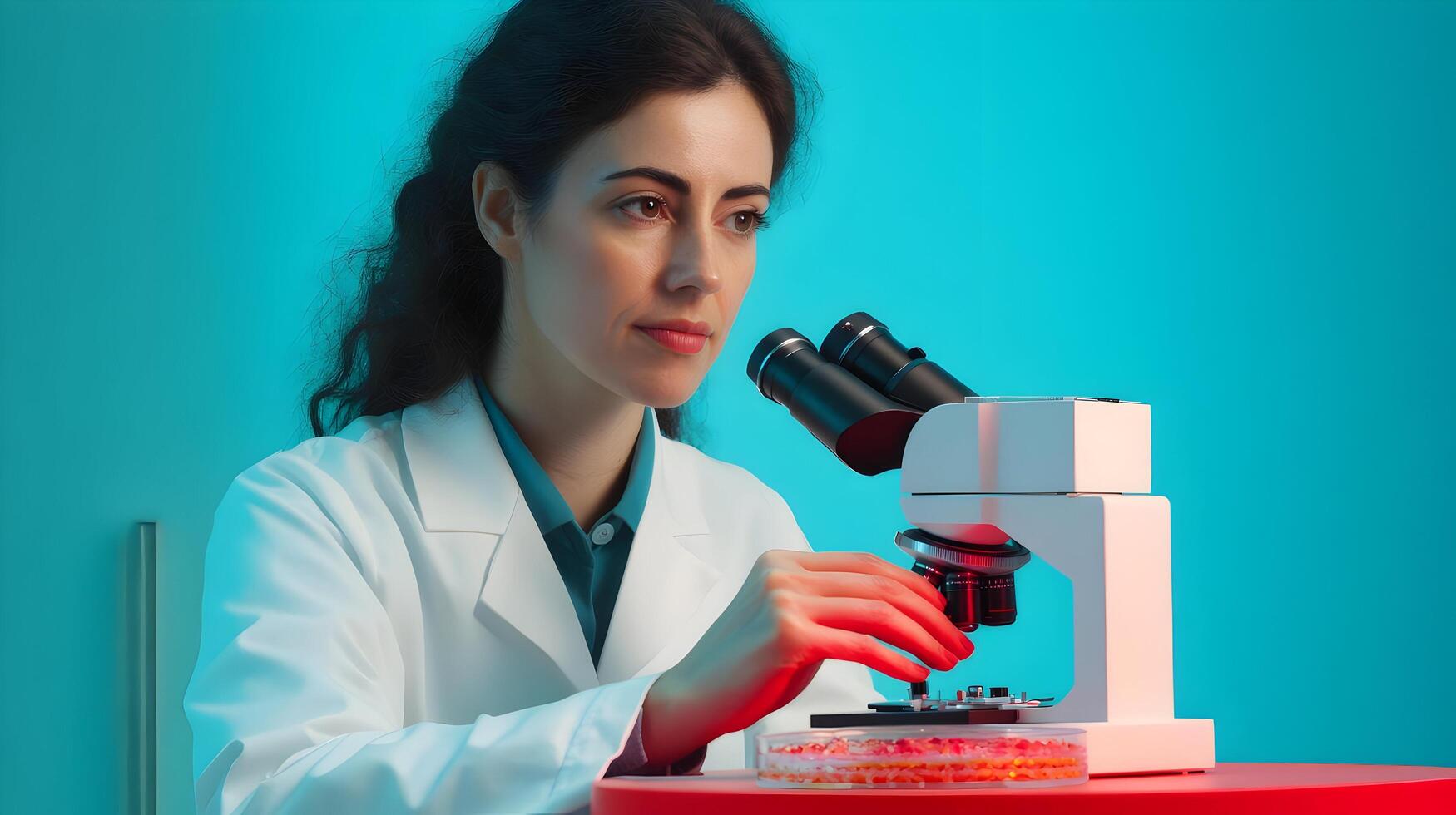 Portrait of a focused female scientist in a laboratory workspace,carefully examining a petri dish sample under a microscope as part of her medical or biotechnology research and development efforts. photo