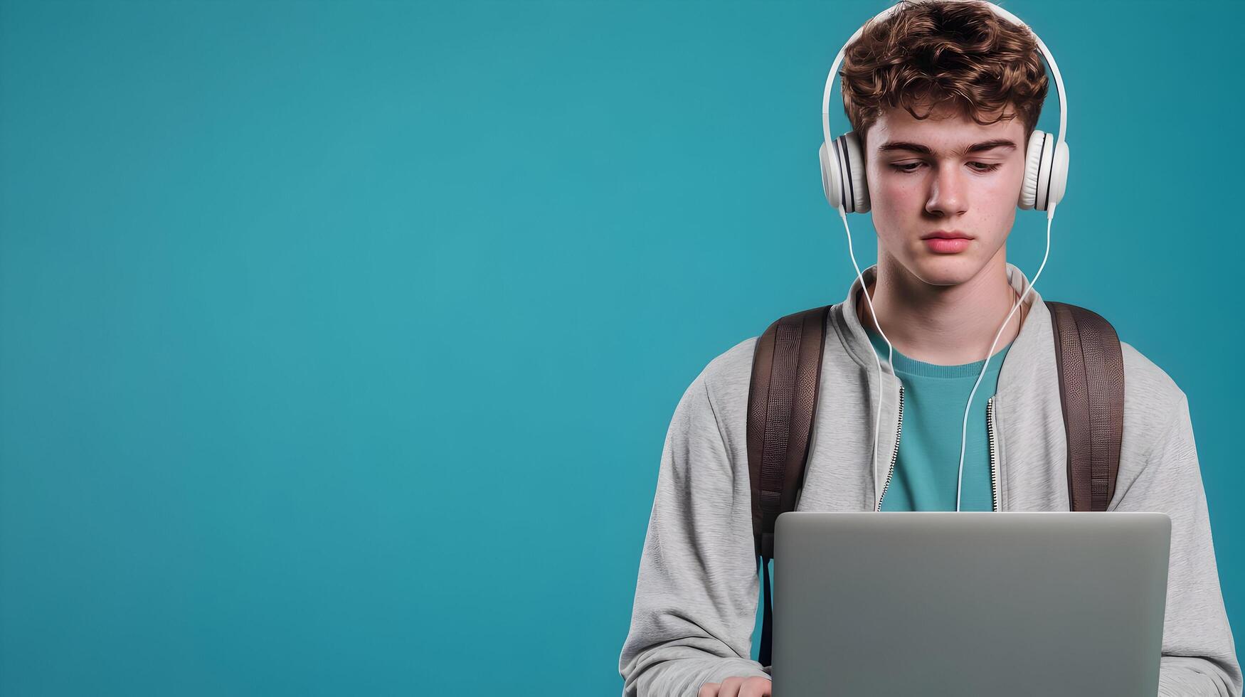 Portrait of a Focused and Determined Young Male Student Deeply Engaged in Academic Research Using a Laptop and Headphones on a Vibrant Colorful Background. photo