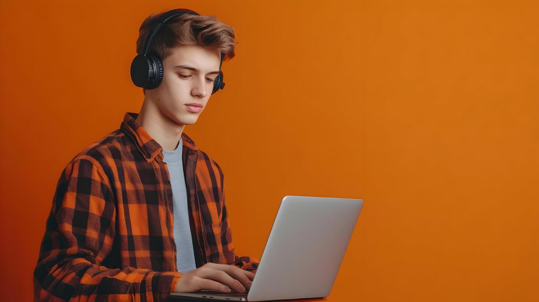 Portrait of a Focused and Engaged Young Male Student Deeply Immersed in Academic Research Using a Laptop and Headphones,Set Against a Vibrant Orange Background photo