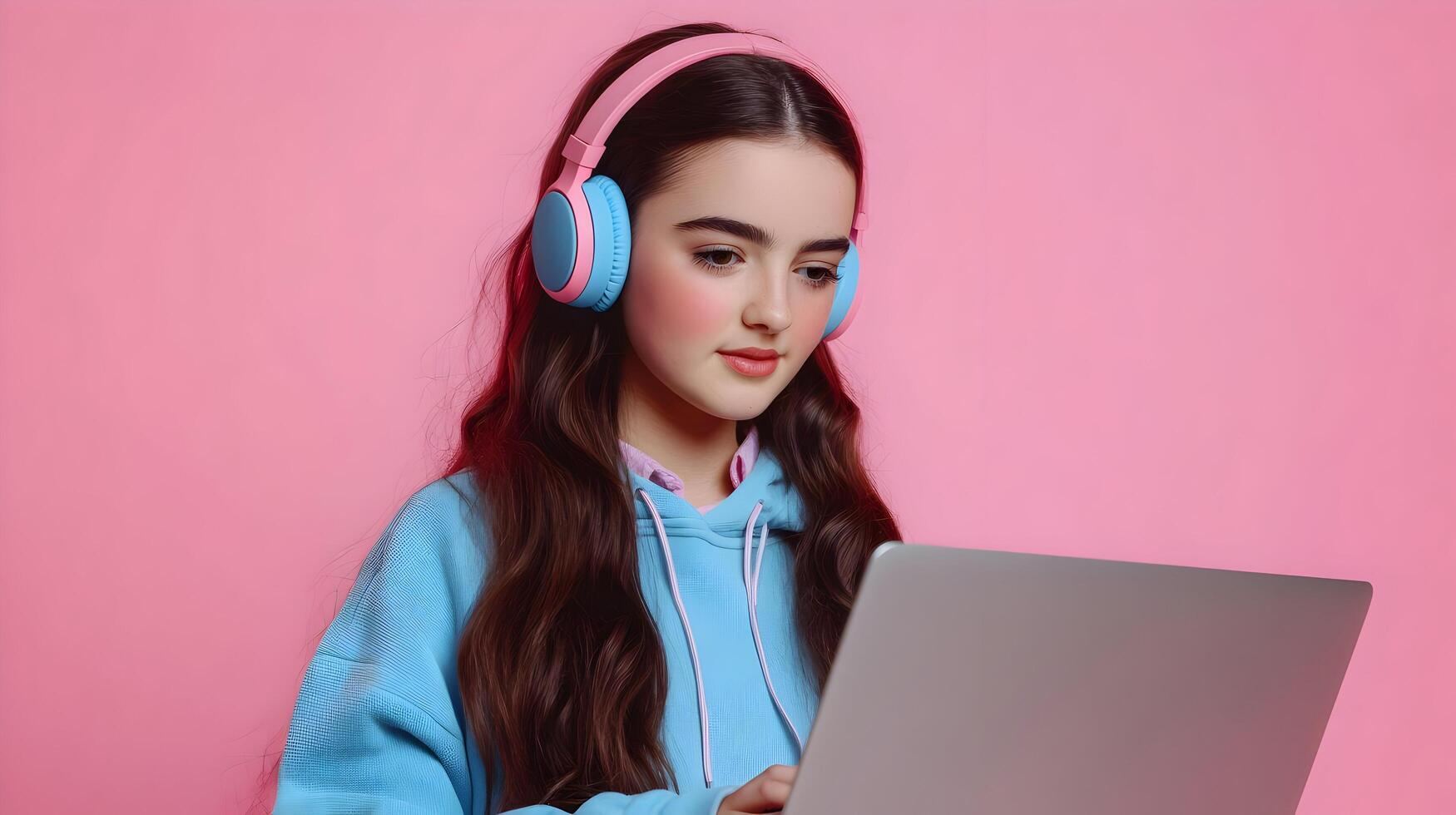 Concentrated Young Female Student Engaged in Academic Research With Laptop and Headphones on Colorful Background,Portrait of Dedicated Learner Focused on Studying and Productivity photo