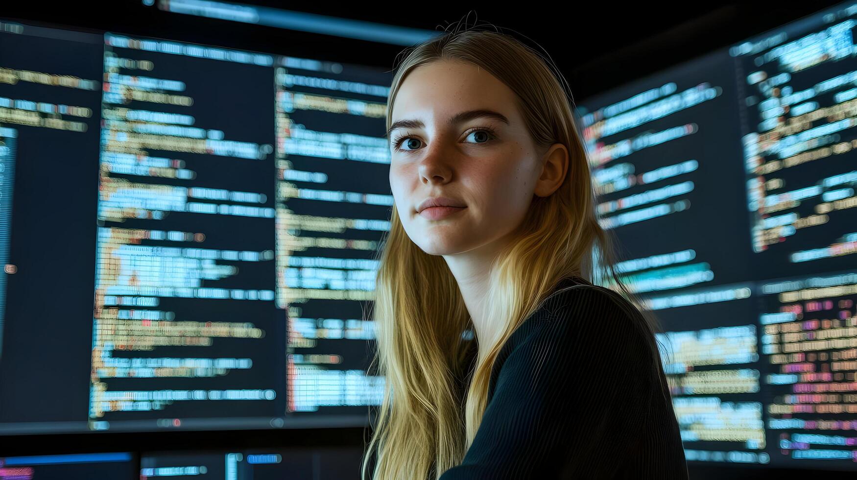 Portrait of a Female Programmer Holding a Laptop in a Monitoring Room Surrounded by Large Screens Displaying Lines of Programming Language Code photo