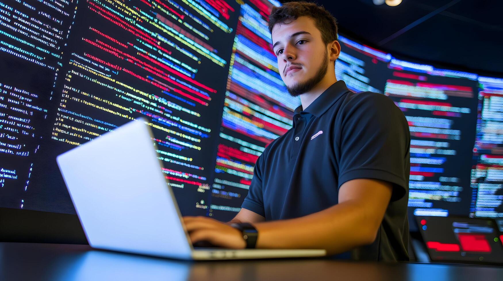 Programmer Analyzing Complex Code and Data on Multiple Screens in a High-Tech Monitoring Room,Surrounded by Displays Showing Lines of Programming Language photo