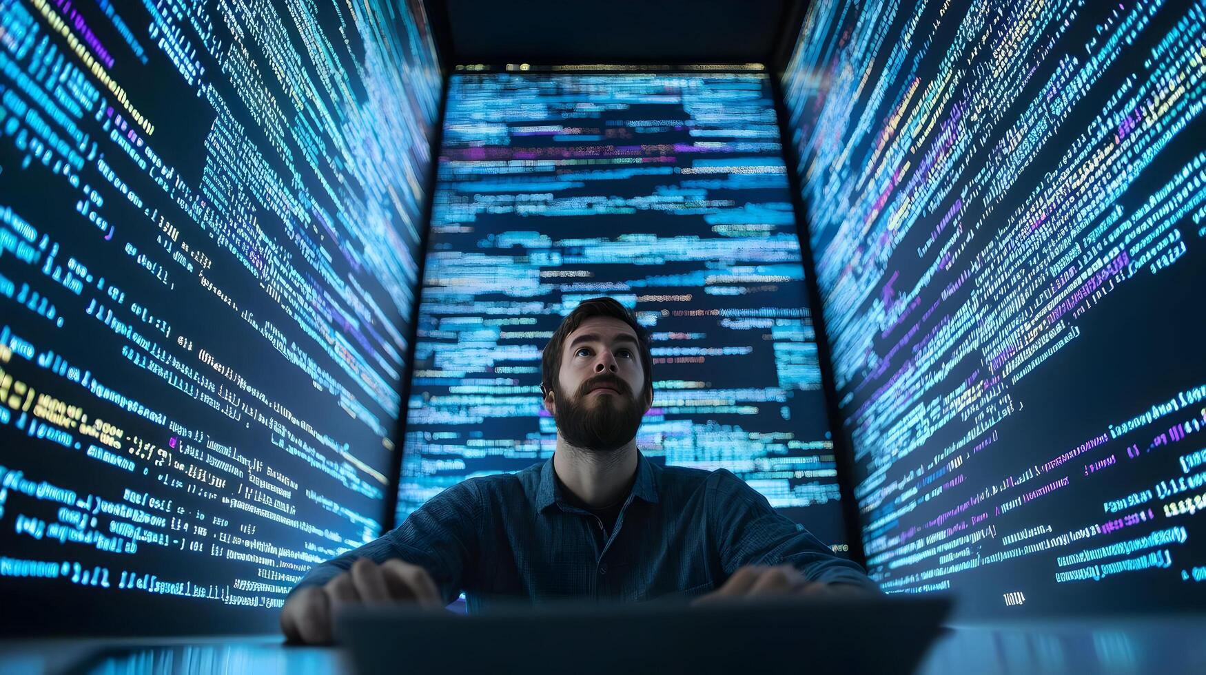 Portrait of a Male Programmer Working on a Laptop in a Futuristic Monitoring Room,Surrounded by Multiple Large Screens Displaying Lines of Complex Programming Language Code and Data Visualizations. photo