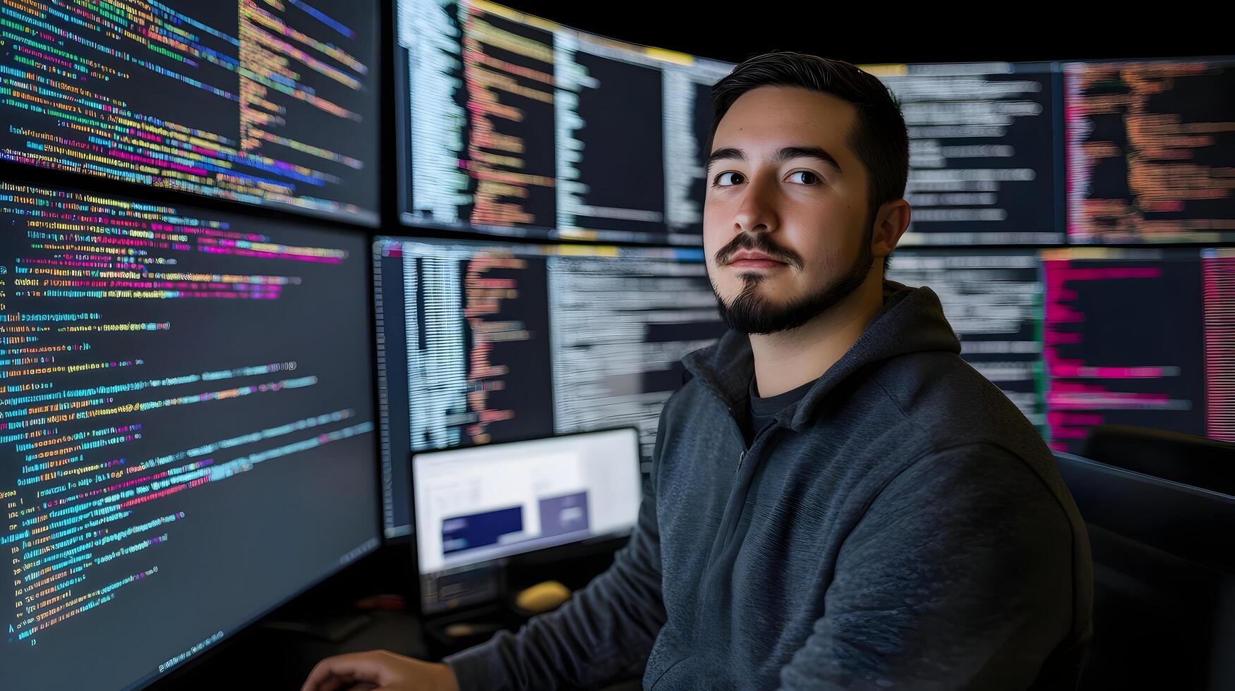 Portrait of a Focused Male Programmer Deeply Immersed in His Work,Surrounded by Multiple Screens Displaying Lines of Programming Code and Data Analytics. photo