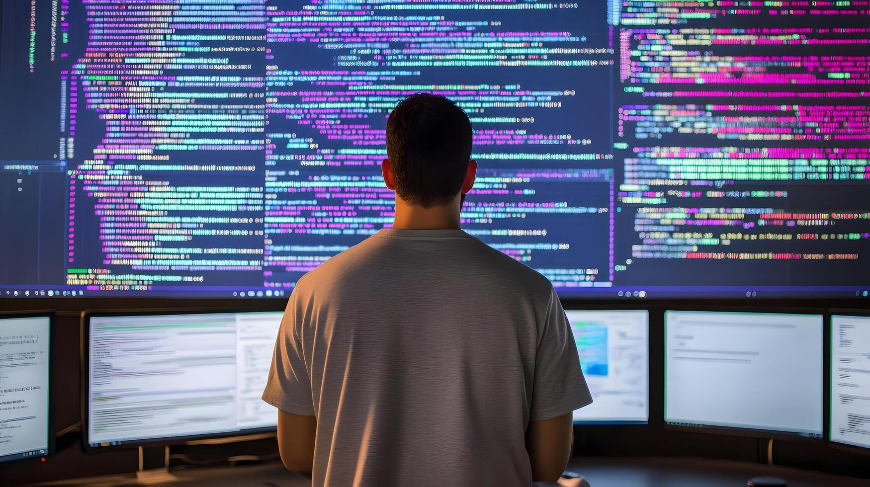 Portrait of a Focused Male Programmer Deeply Engaged in His Work,Surrounded by Multiple Screens Displaying Intricate Lines of Programming Language Code in a High-Tech Monitoring Room Environment photo
