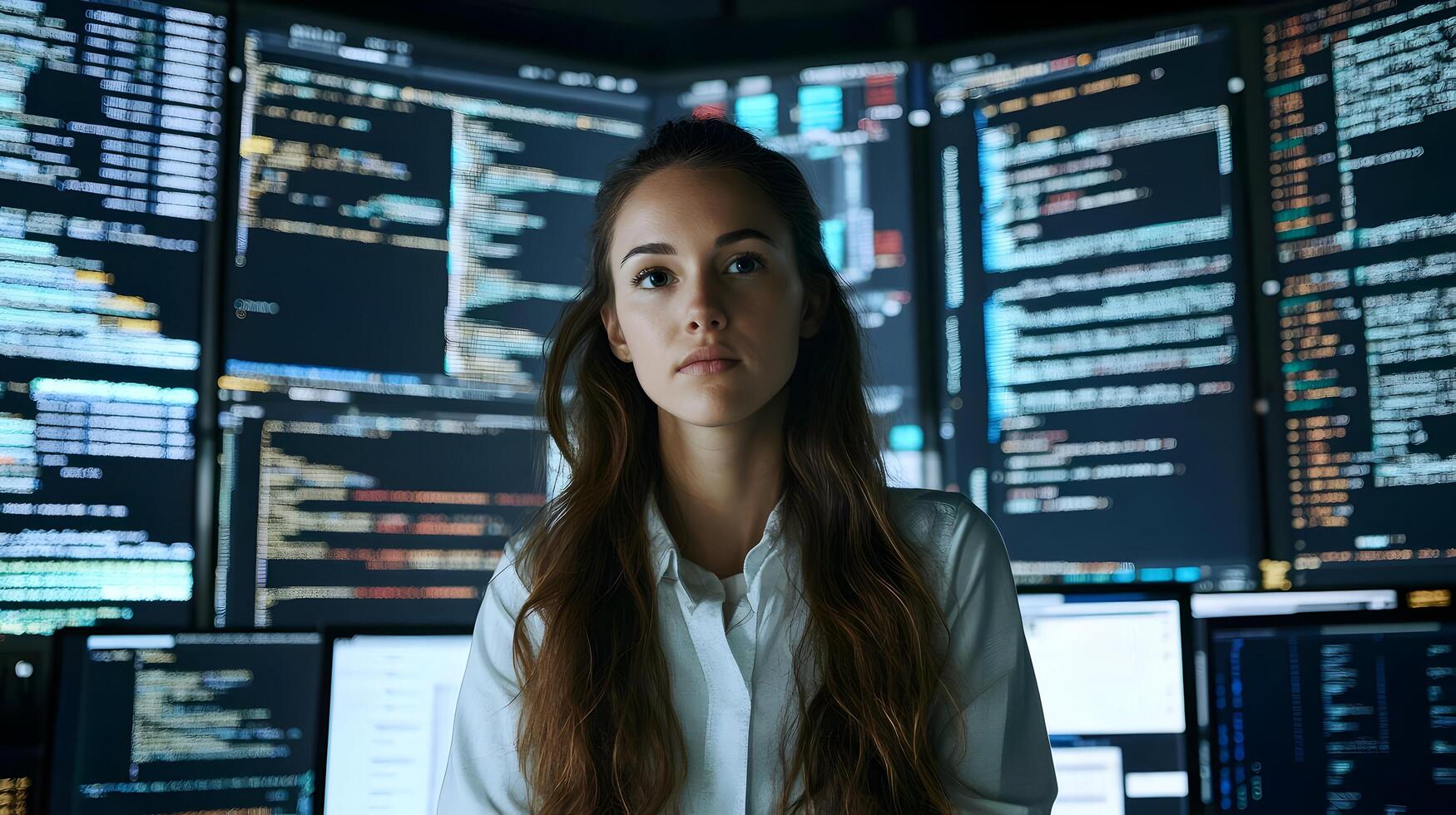 Portrait of focused female programmer holding laptop computer in a high-tech monitoring room surrounded by multiple large screens displaying lines of programming language code and data analytics. photo