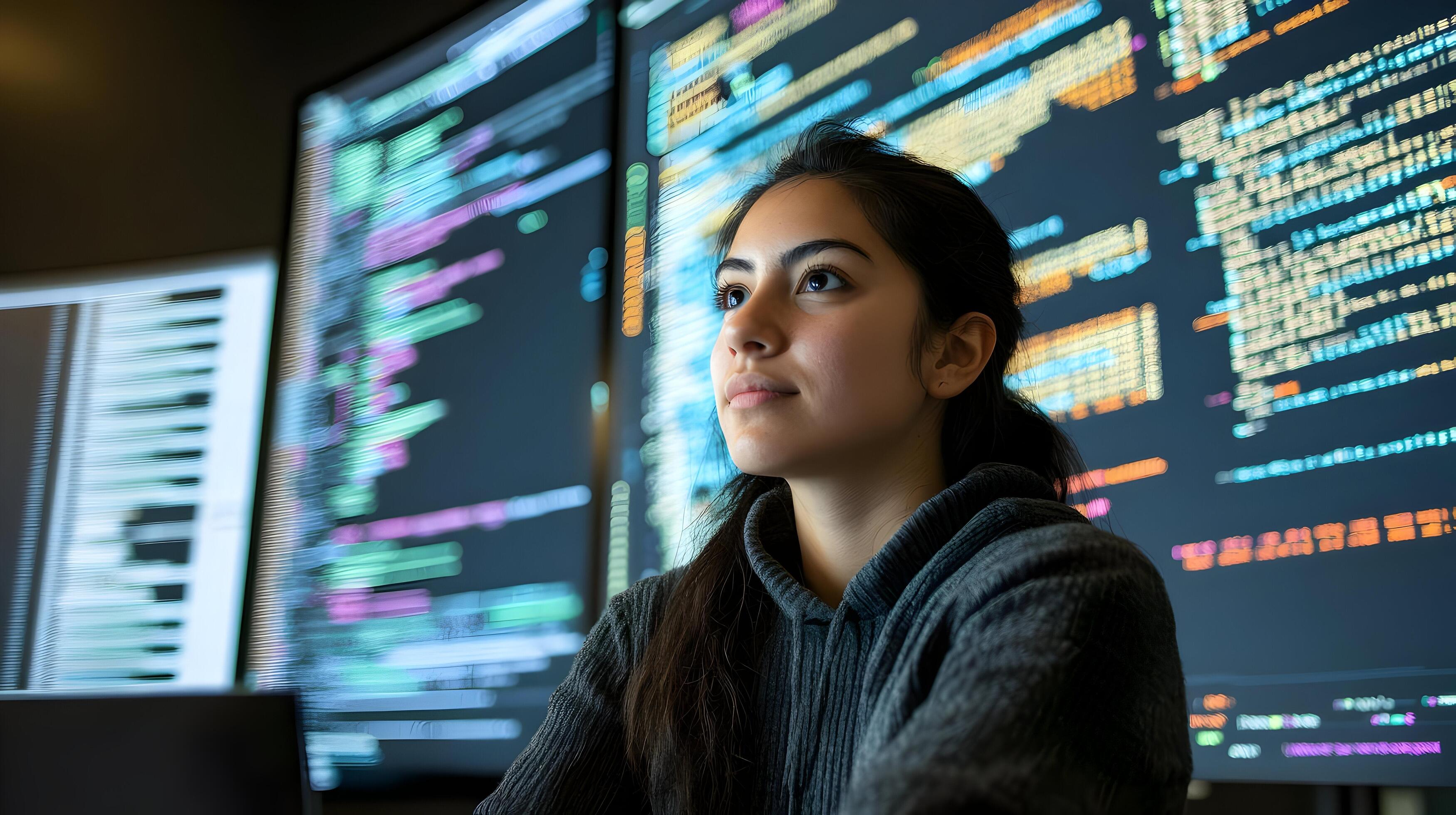 Portrait of a Professional Female Programmer Intently Focused on a ...