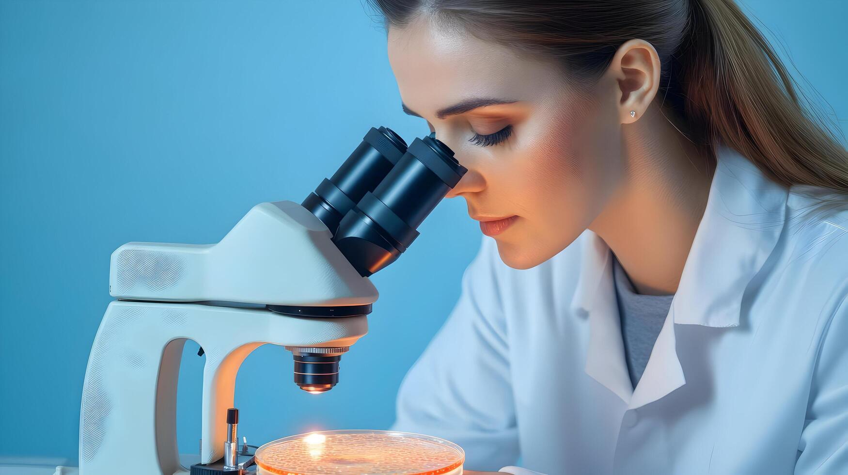 Portrait of a female scientist in a white lab coat using a microscope to analyze a petri dish sample,conducting research and development for advancements in medicine and biotechnology. photo