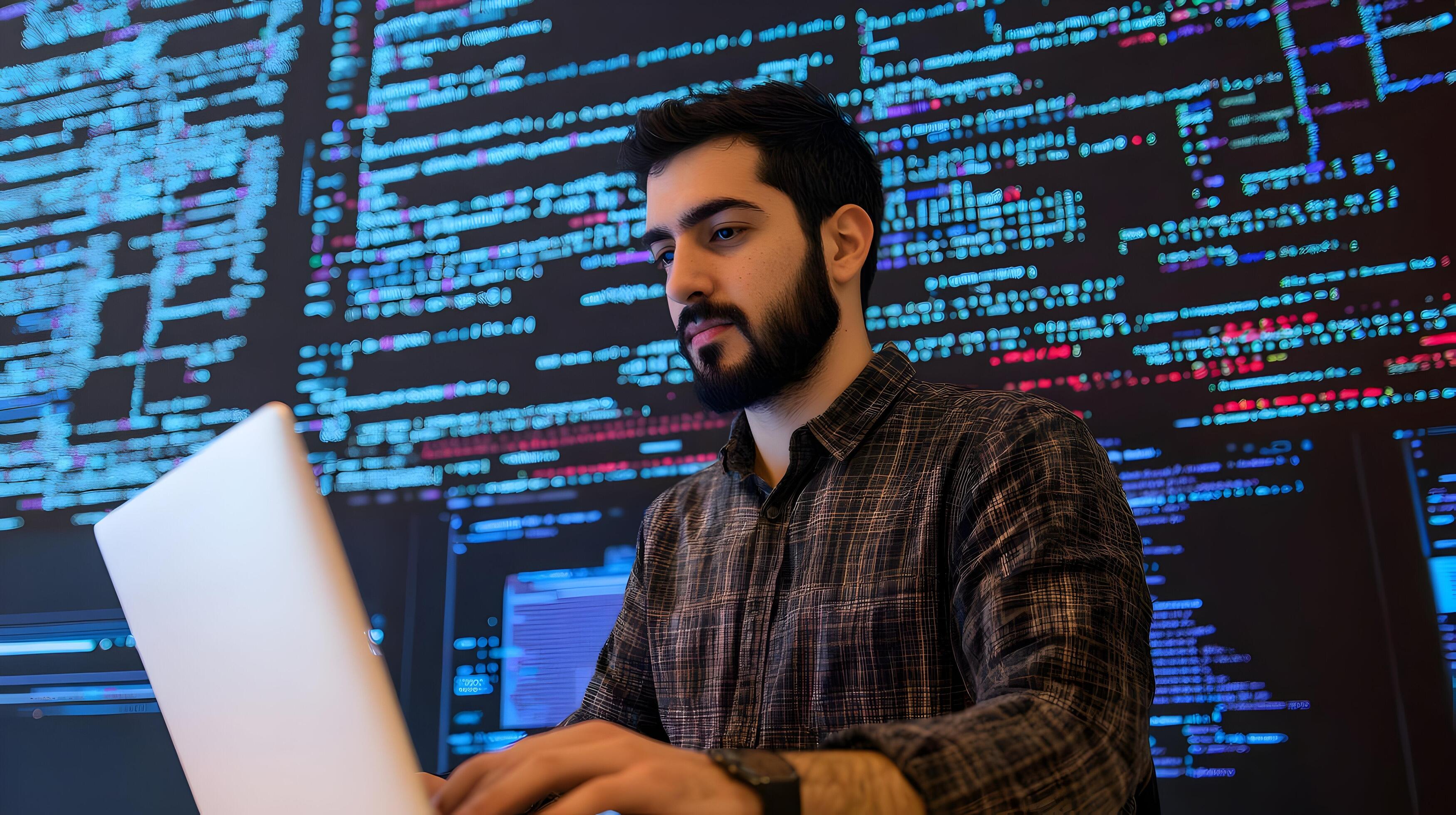 Male Professional Focused on Laptop While Surrounded by Multiple ...