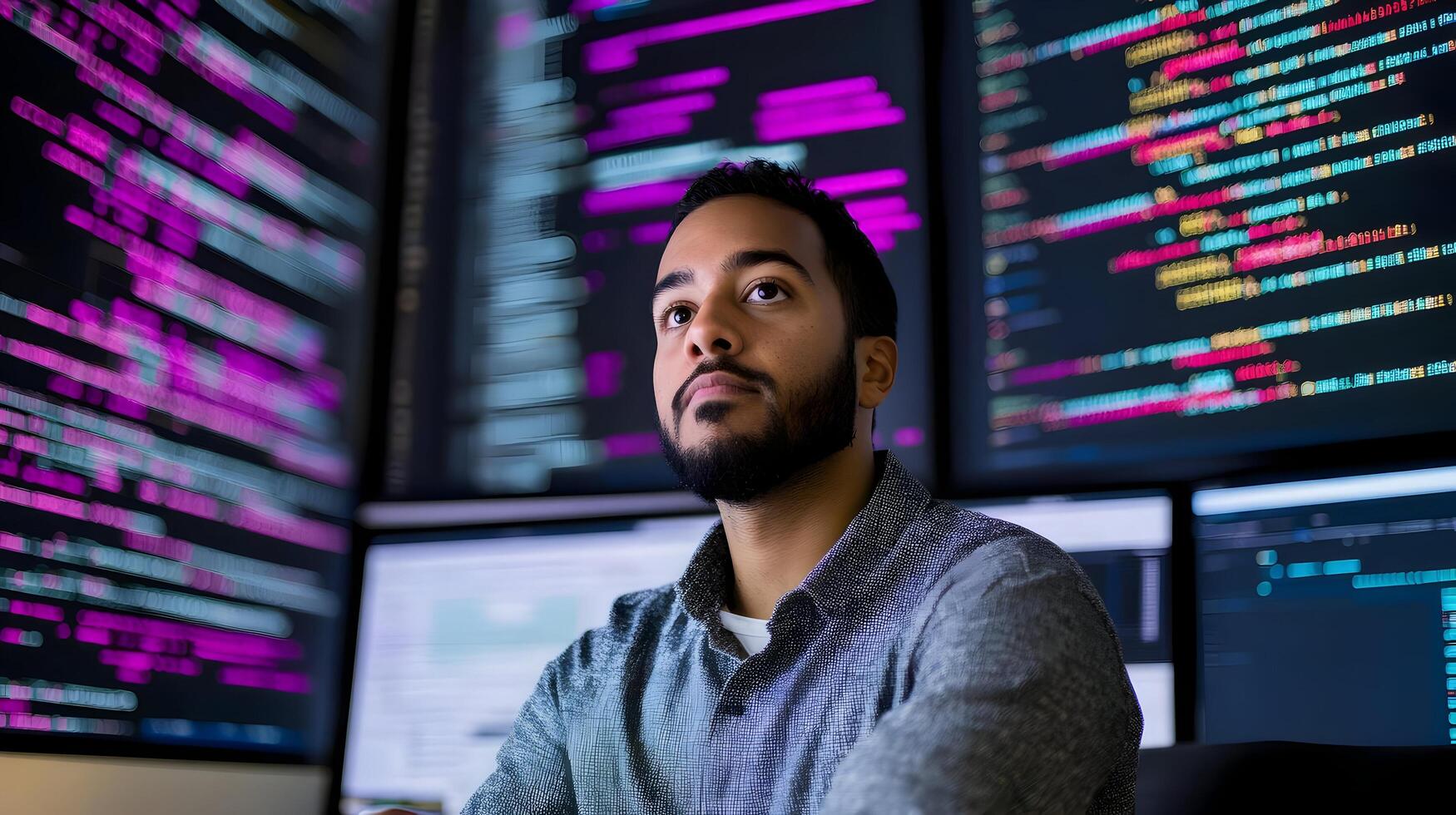 Portrait of a male programmer working diligently on his laptop in a monitoring room,surrounded by multiple large screens displaying lines of programming language code and various data visualizations. photo