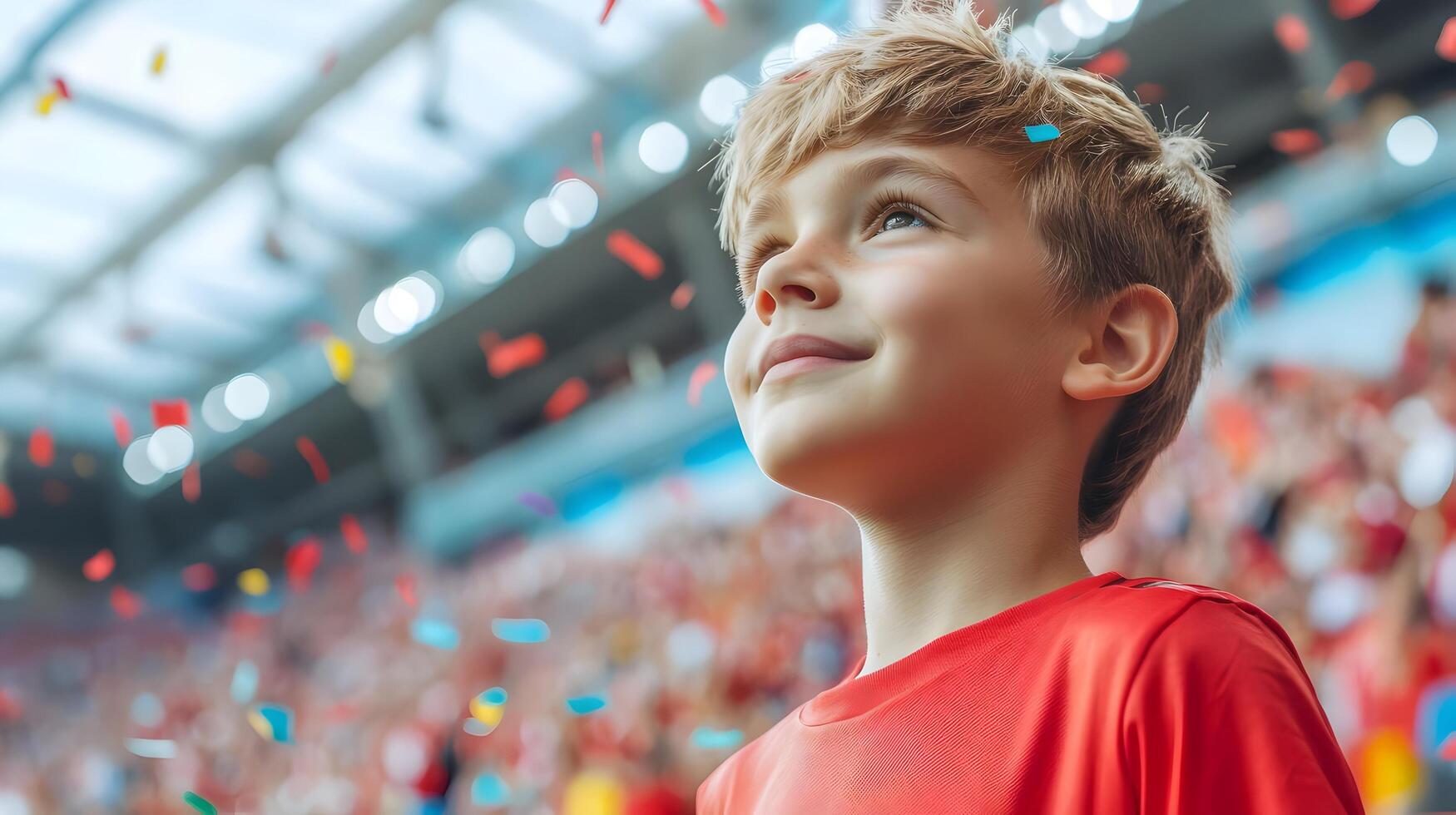 Portrait of an enthusiastic young fan cheering and celebrating his team's goal and victory during a lively soccer championship match in a packed stadium filled with an excited crowd. photo