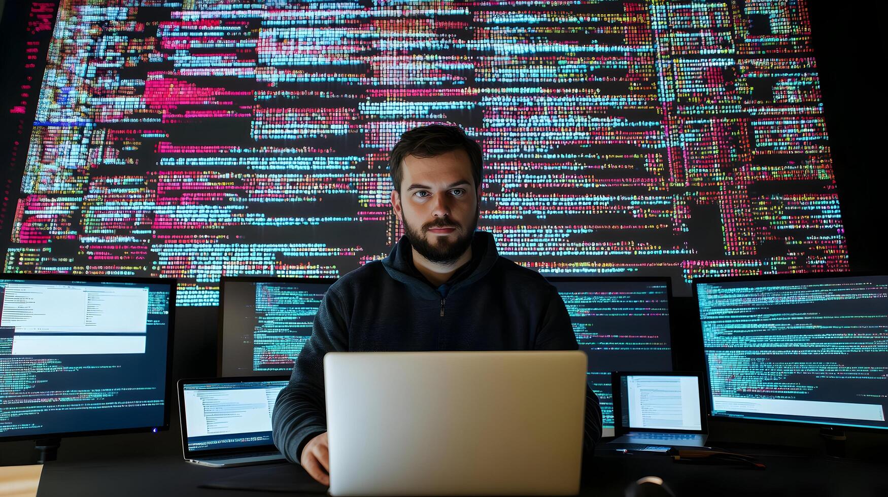 Portrait of a focused male programmer working intently on his laptop computer in a monitoring room filled with large screens displaying complex lines of programming code and software development photo