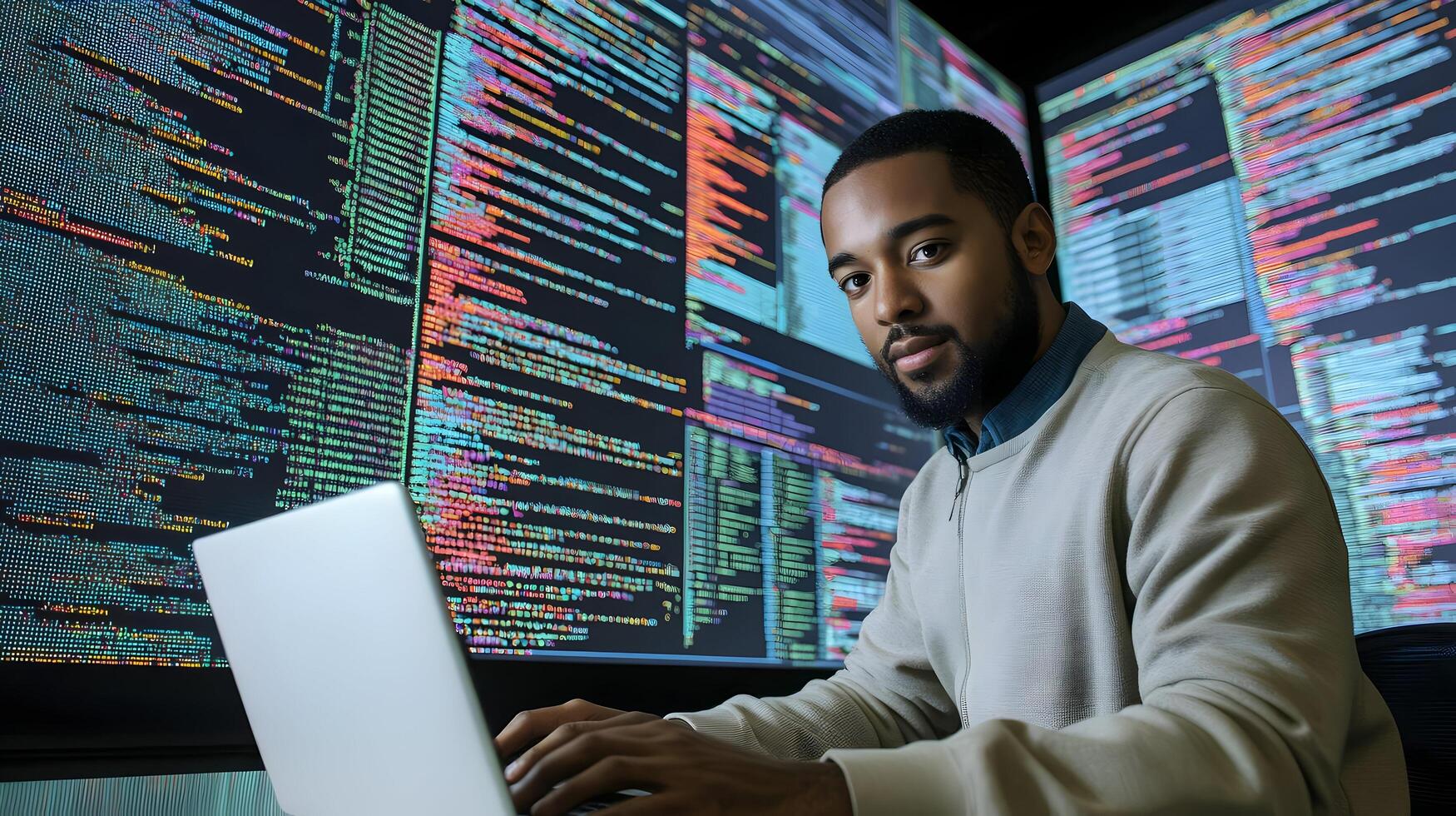 Portrait of a Focused Programmer Working Intently on a Laptop,Surrounded by Multiple Screens Displaying Lines of Programming Language Code in a High-Tech Monitoring Room Environment photo