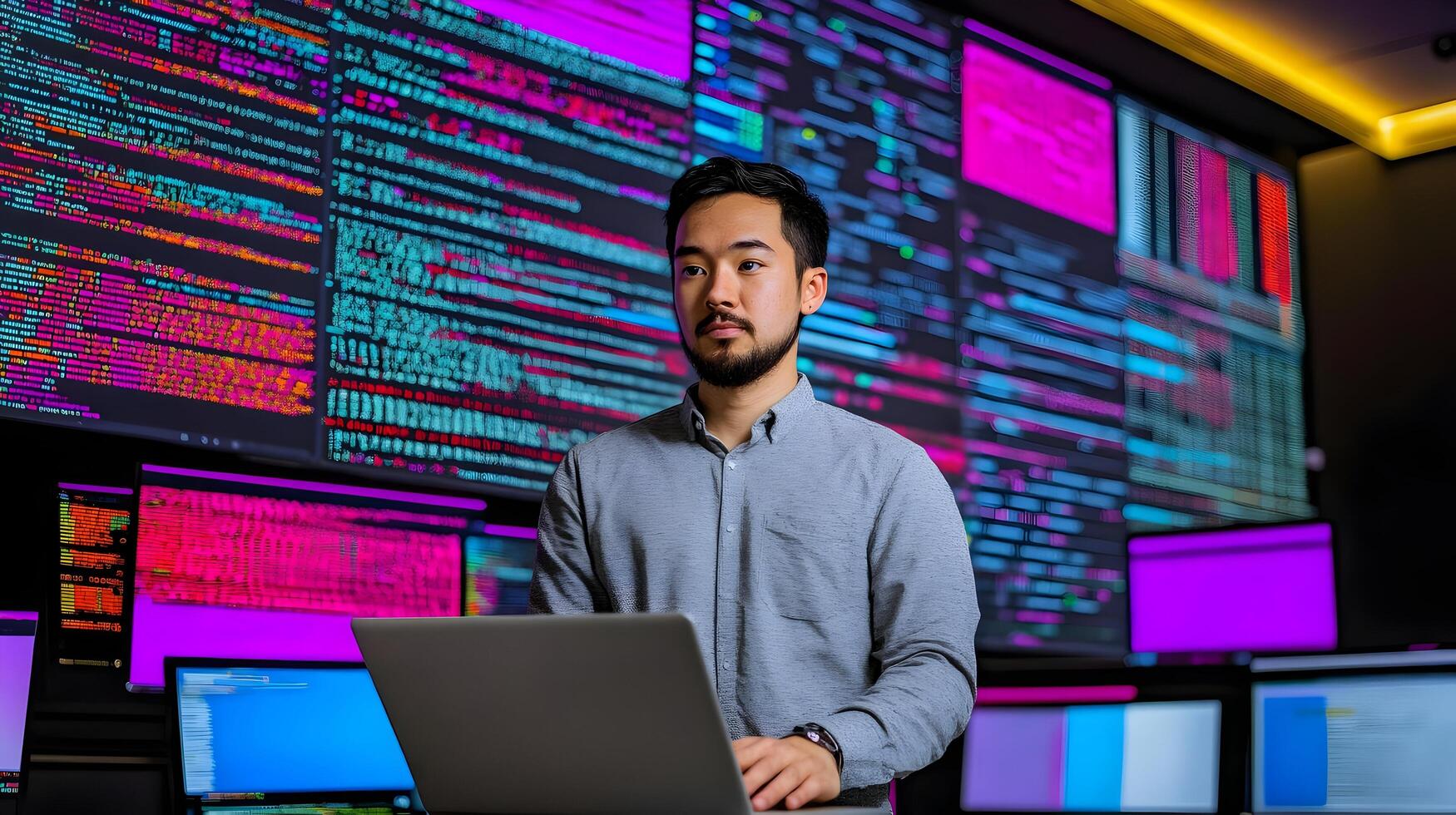 Portrait of a Male Programmer Working Diligently on a Laptop in a Monitoring Room,Surrounded by Towering Screens Displaying Complex Lines of Programming Language Code. photo