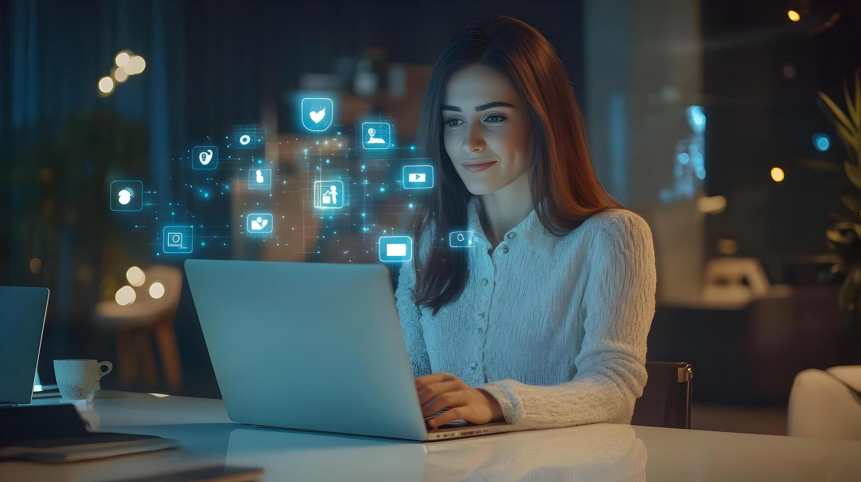 Stylish Caucasian Female Project Manager or Entrepreneur Works Diligently on Laptop Computer in a Modern Office Setting. photo