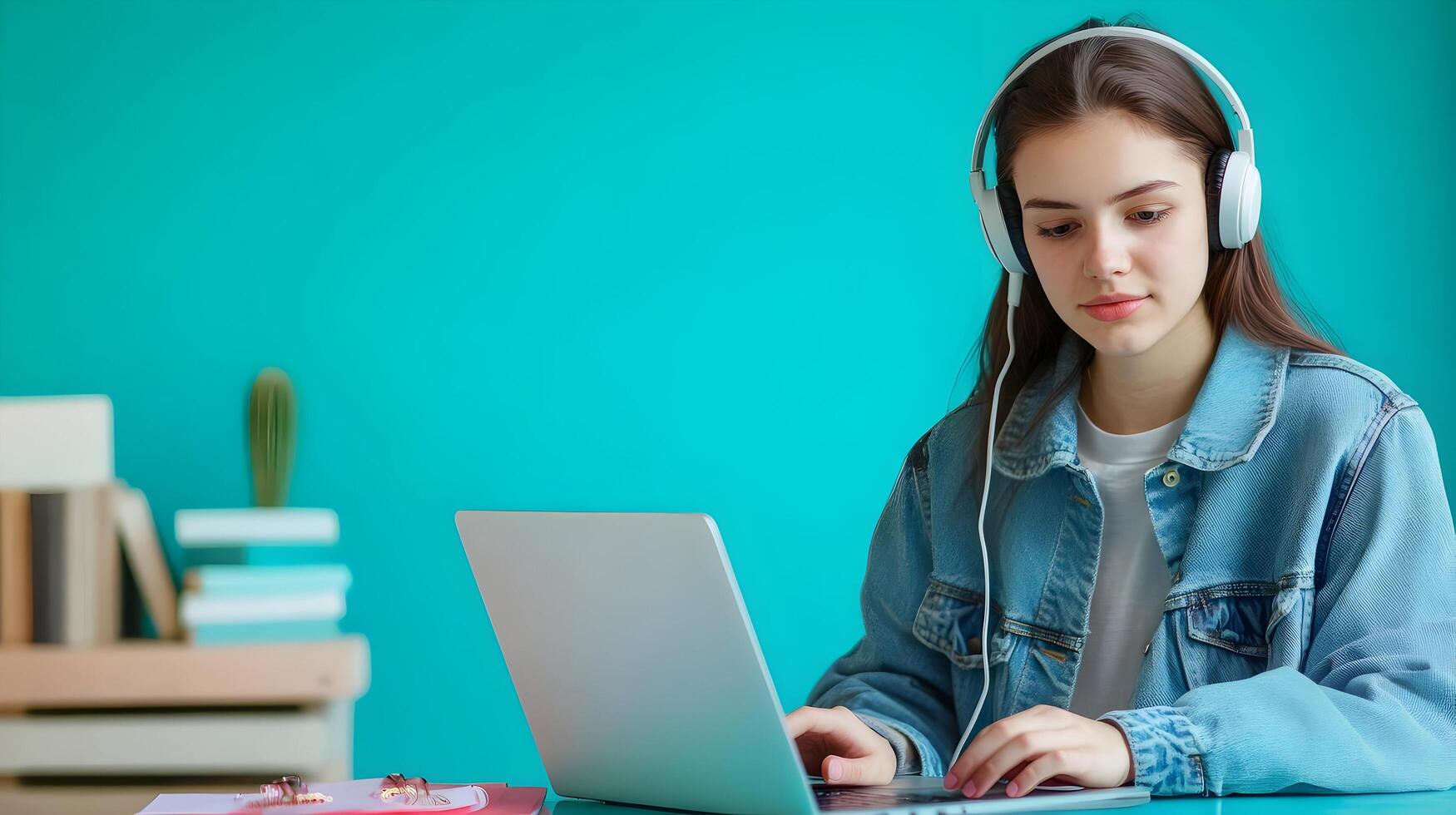 Portrait of a Concentrated Young Female Student Engaged in Academic Research,Using a Laptop and Headphones While Sitting at a Desk Against a Vibrant Color Background photo