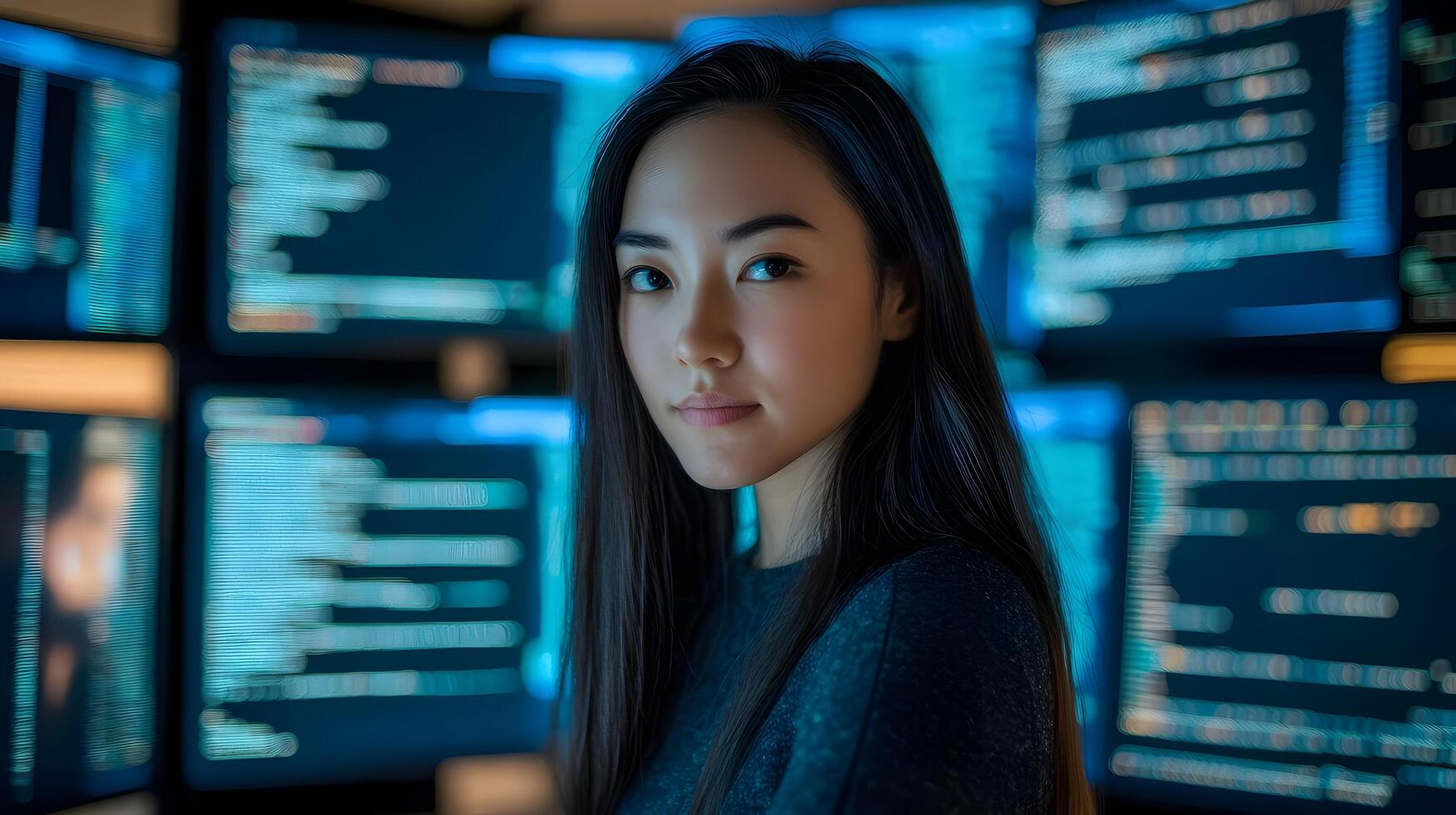 Portrait of a skilled female programmer intently reviewing lines of programming code displayed across multiple digital screens in a high-tech monitoring room. photo