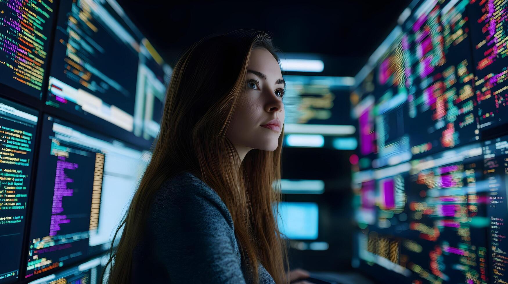 Portrait of a Female Programmer Holding a Laptop in a Monitoring Room Surrounded by Large Screens Displaying Lines of Programming Language Code,Symbolizing the Tech Industry,Software Development. photo