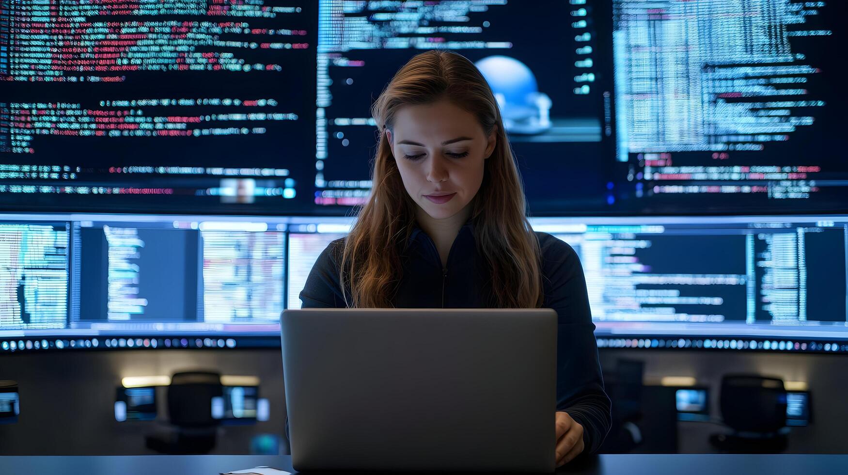 Portrait of Focused Female Tech Professional Working on Laptop in Monitoring Room Surrounded by Multiple Screens Displaying Programming Language Code and Data Analytics photo