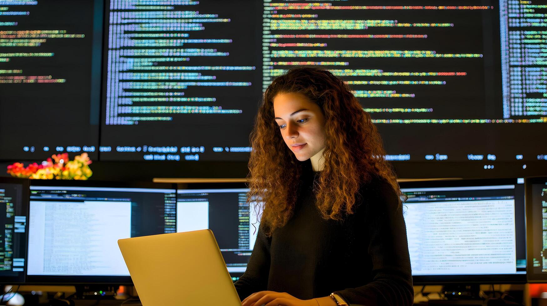 Portrait of a female programmer or software developer working intently on a laptop computer. photo