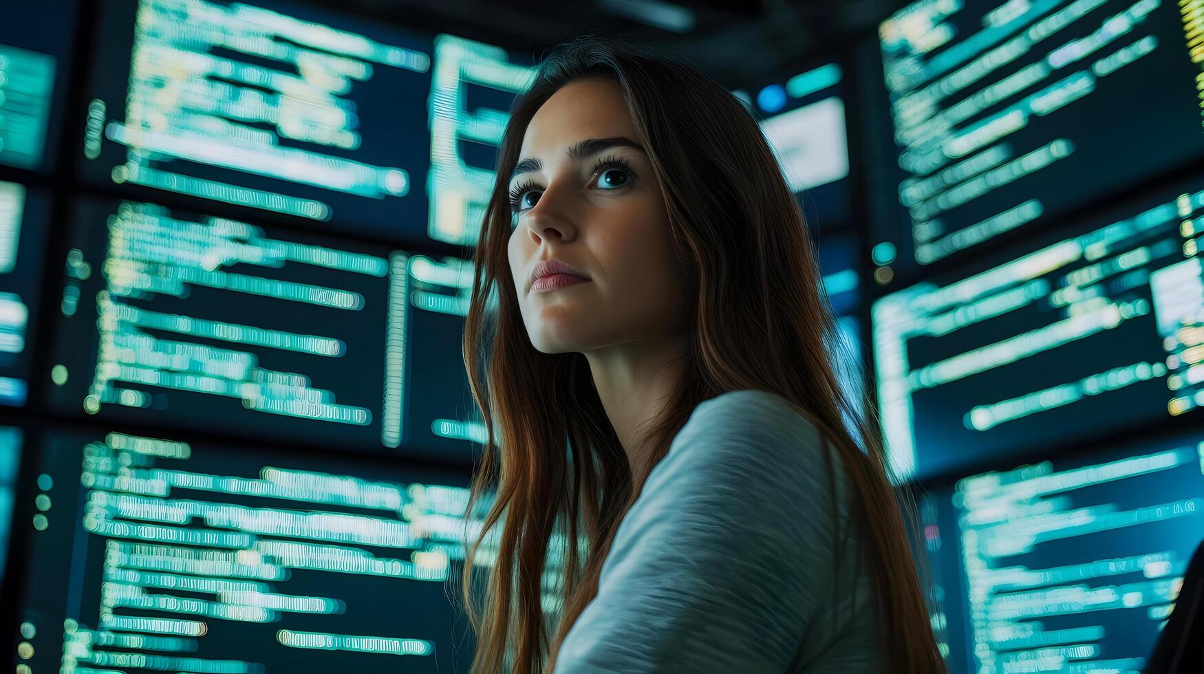 Portrait of a Female Programmer Holding a Laptop in a High-Tech Monitoring Room,Surrounded by Large Screens Displaying Lines of Programming Language Code and Digital Interfaces. photo
