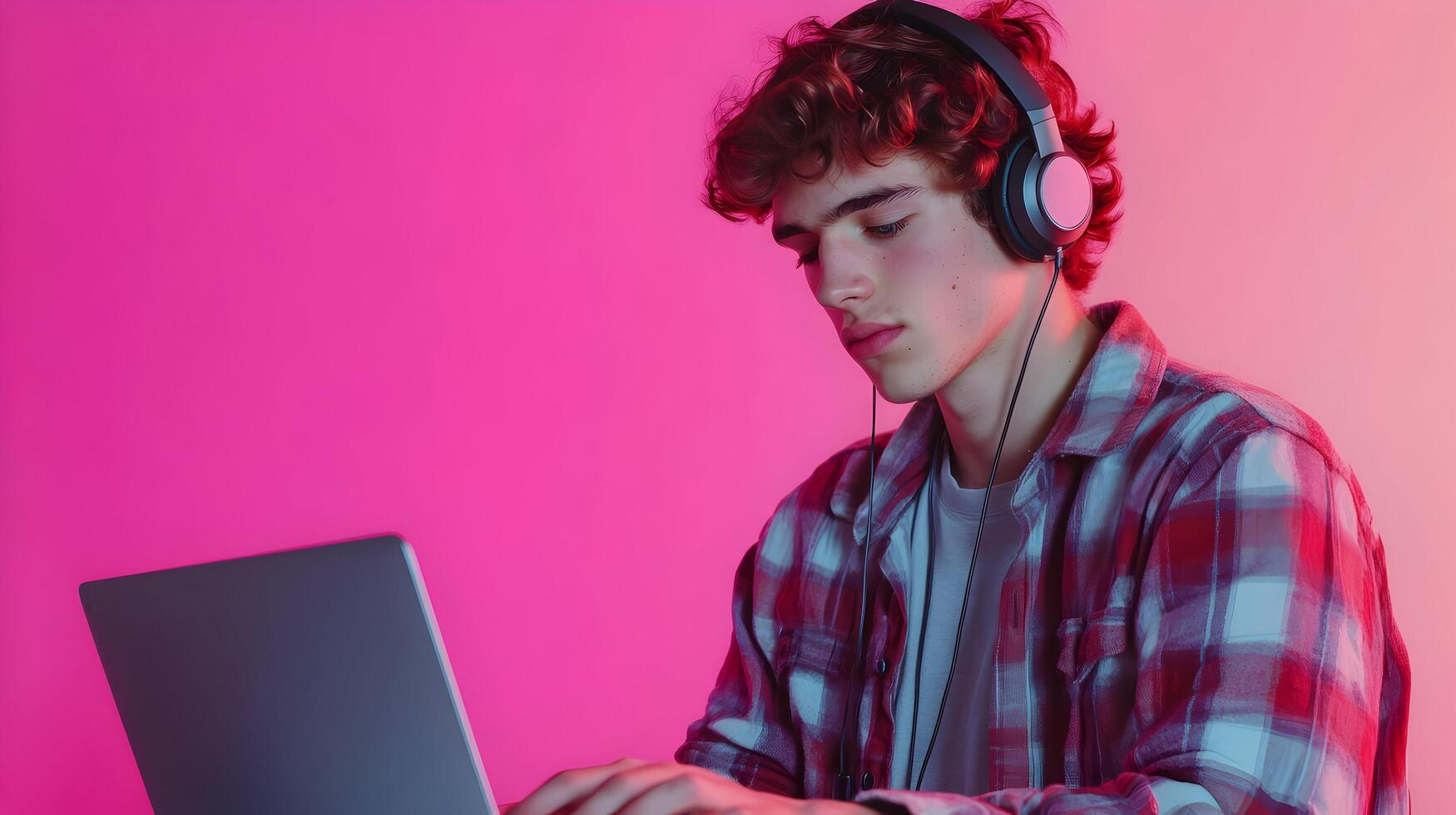 Portrait of a Concentrated Young Male Student Deeply Engaged in Academic Research and Study Using a Laptop and Headphones,Set Against a Vibrant Pink and Blue Background photo