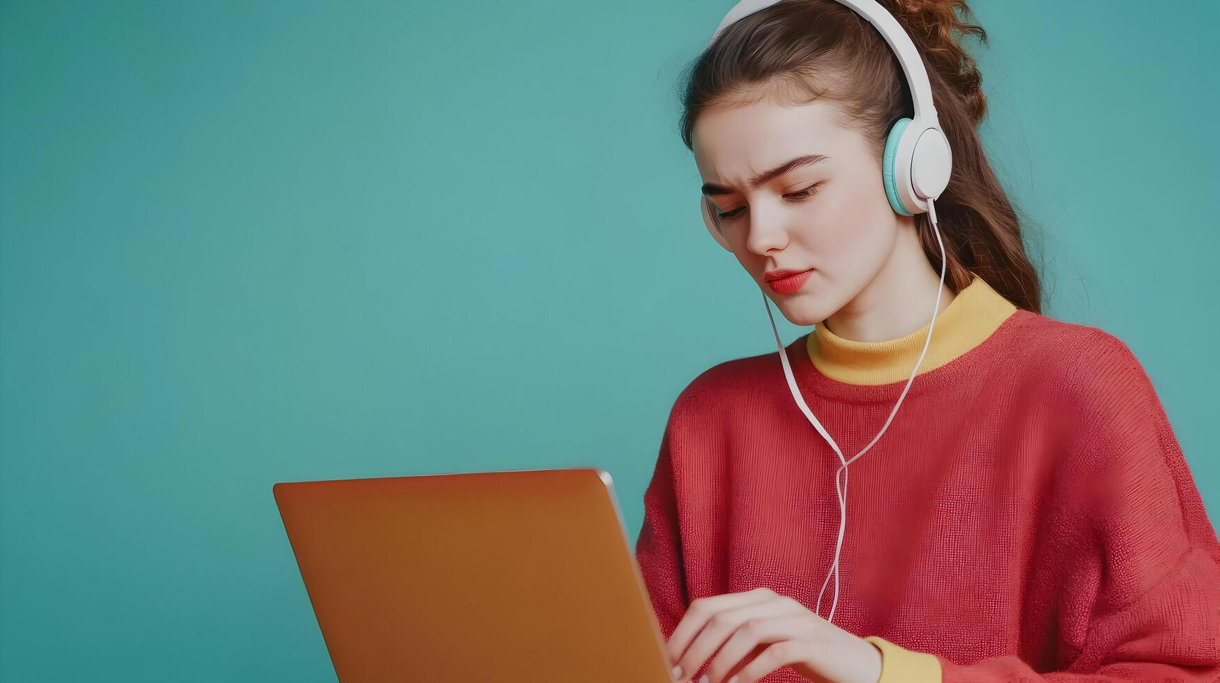 Portrait of a Concentrated Young Woman Student Deeply Engaged in Academic Research and Studying with Laptop Computer and Headphones on a Vibrant Color Background photo