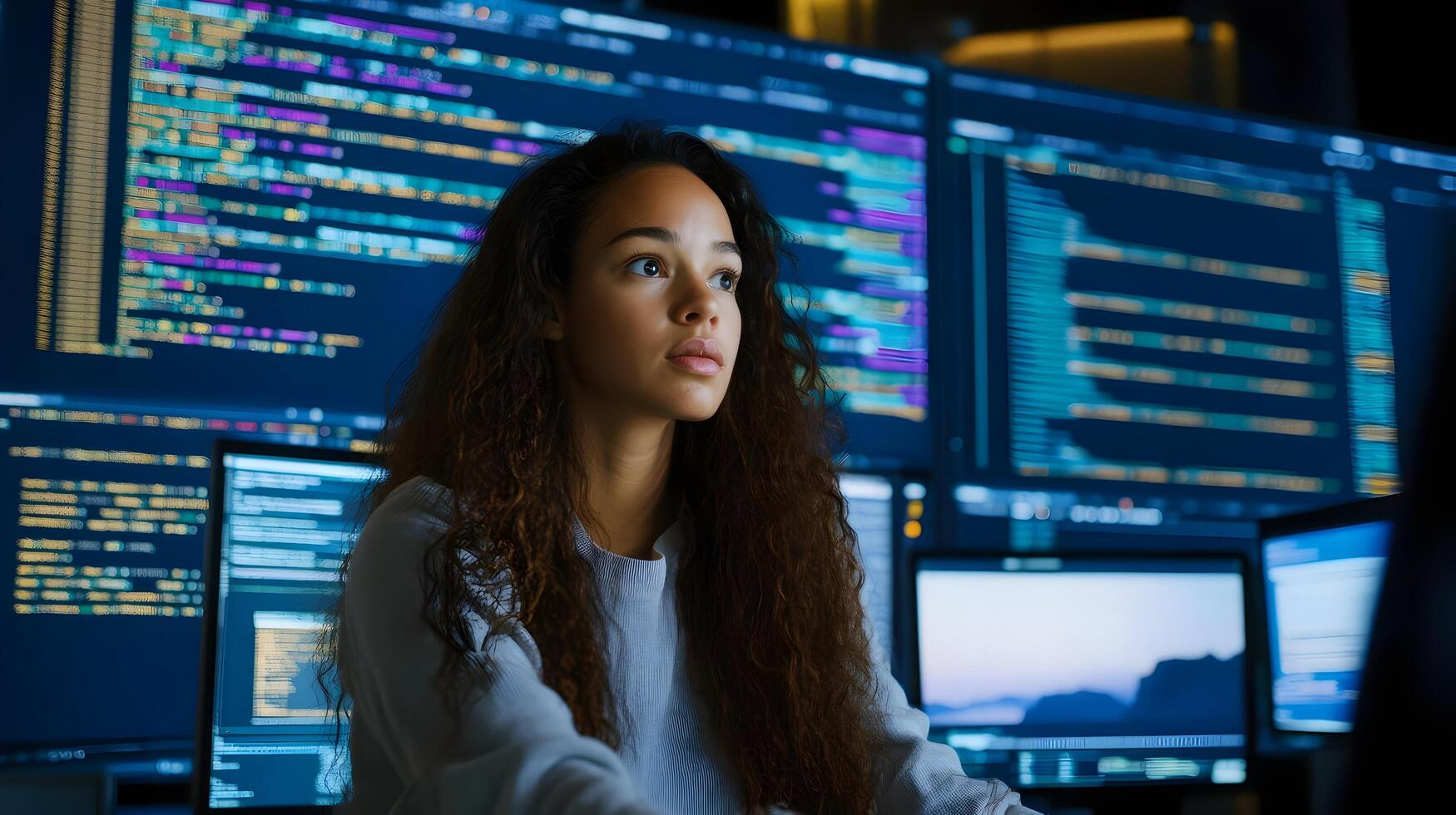 Close-up Portrait of a Focused and Determined Female Programmer Working in a Monitoring Room Surrounded by Multiple Screens Displaying Lines of Programming Language Code. photo