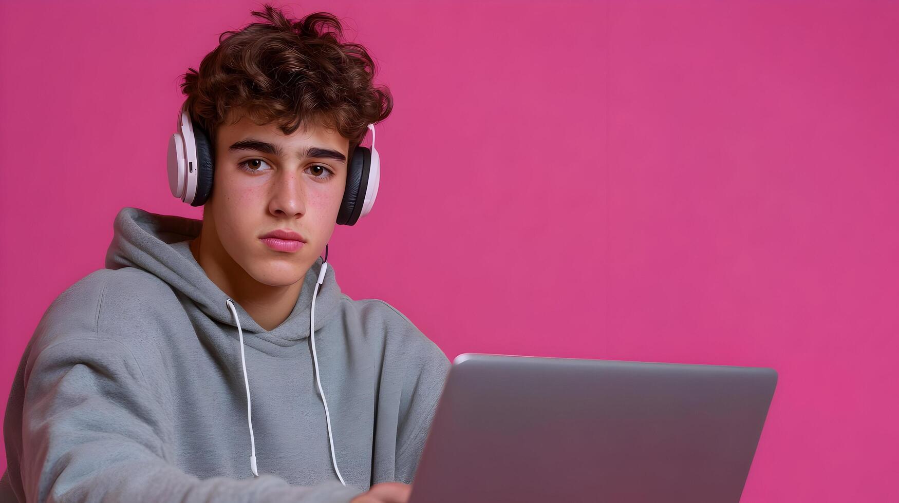 Concentrated Young Male Student Engaged in Academic Research With Laptop and Headphones on Color Background. Portrait of a focused young man using technology for education. photo