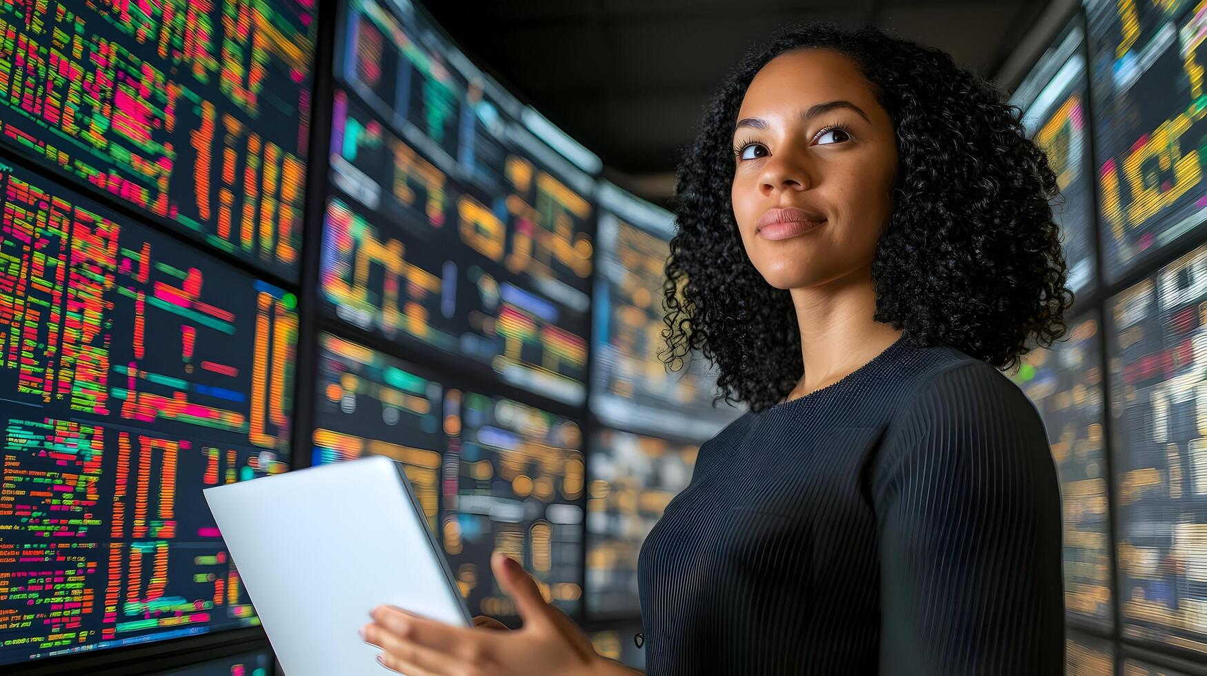 Portrait of a confident and focused young woman programmer examining data on her laptop while surrounded by multiple large screens displaying complex programming code in a high-tech monitoring room. photo