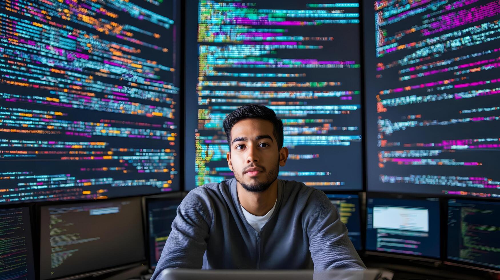 Portrait of Male Programmer Working with Laptop in a Monitoring Room Surrounded by Big Screens Displaying Lines of Programming Language Code. photo
