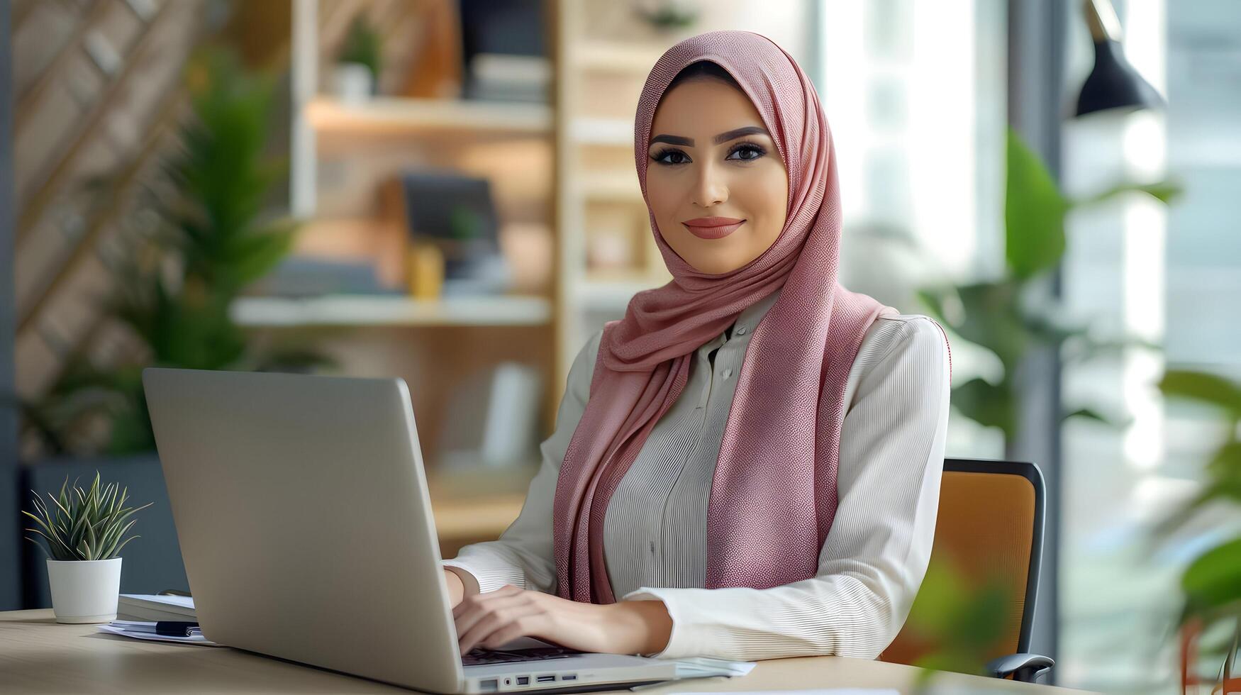 Portrait of a Confident and Stylish Muslim Female Manager Sitting at a Desk and Using a Laptop Computer in a Modern Office Environment photo