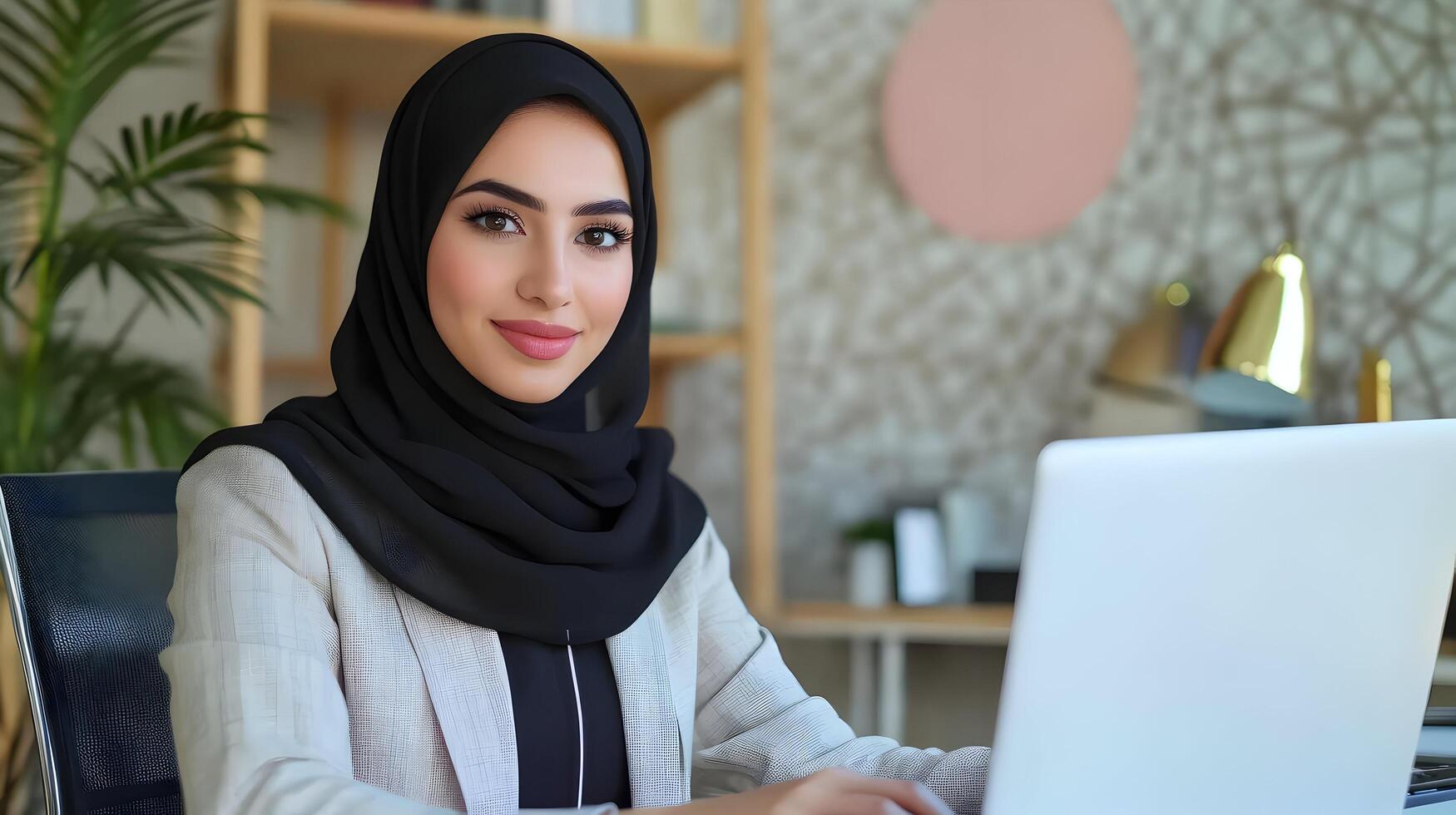 Portrait of Young Muslim Female Manager Sitting at a Desk in a Modern Office Environment,Using Laptop Computer in a Marketing Agency Setting photo