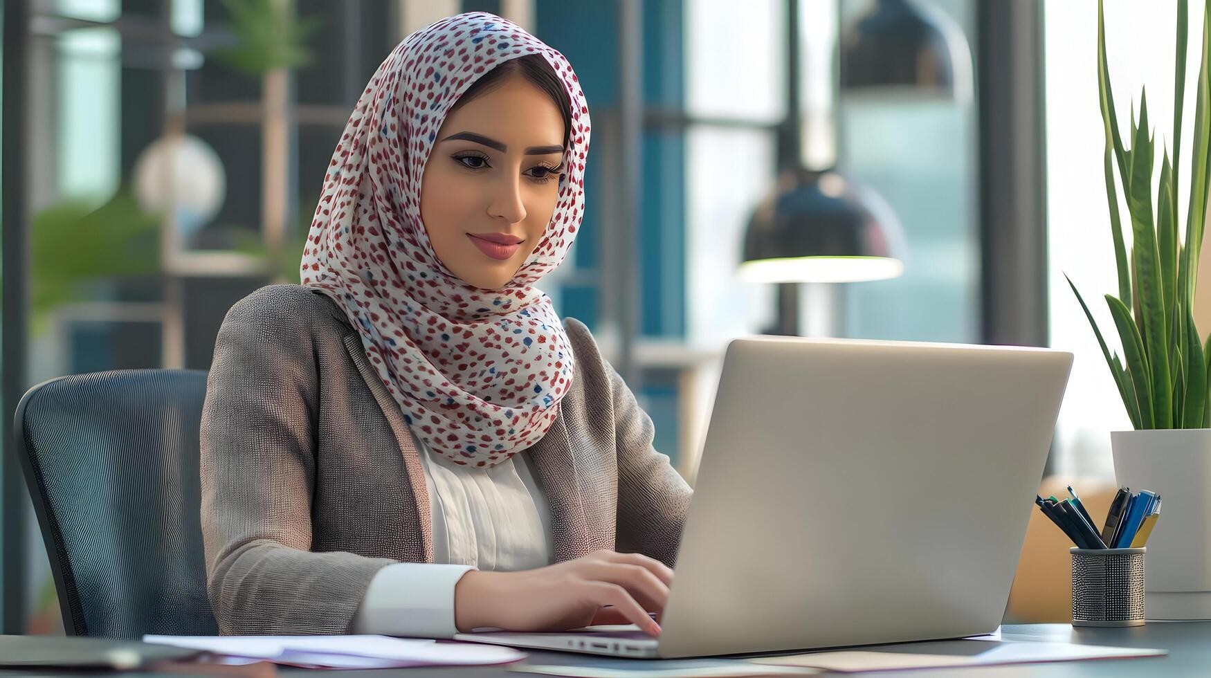 Stylish and Professional Young Muslim Female Manager Sitting at her Desk Using Laptop Computer in a Modern and Well-Designed Marketing Agency Office Setting photo