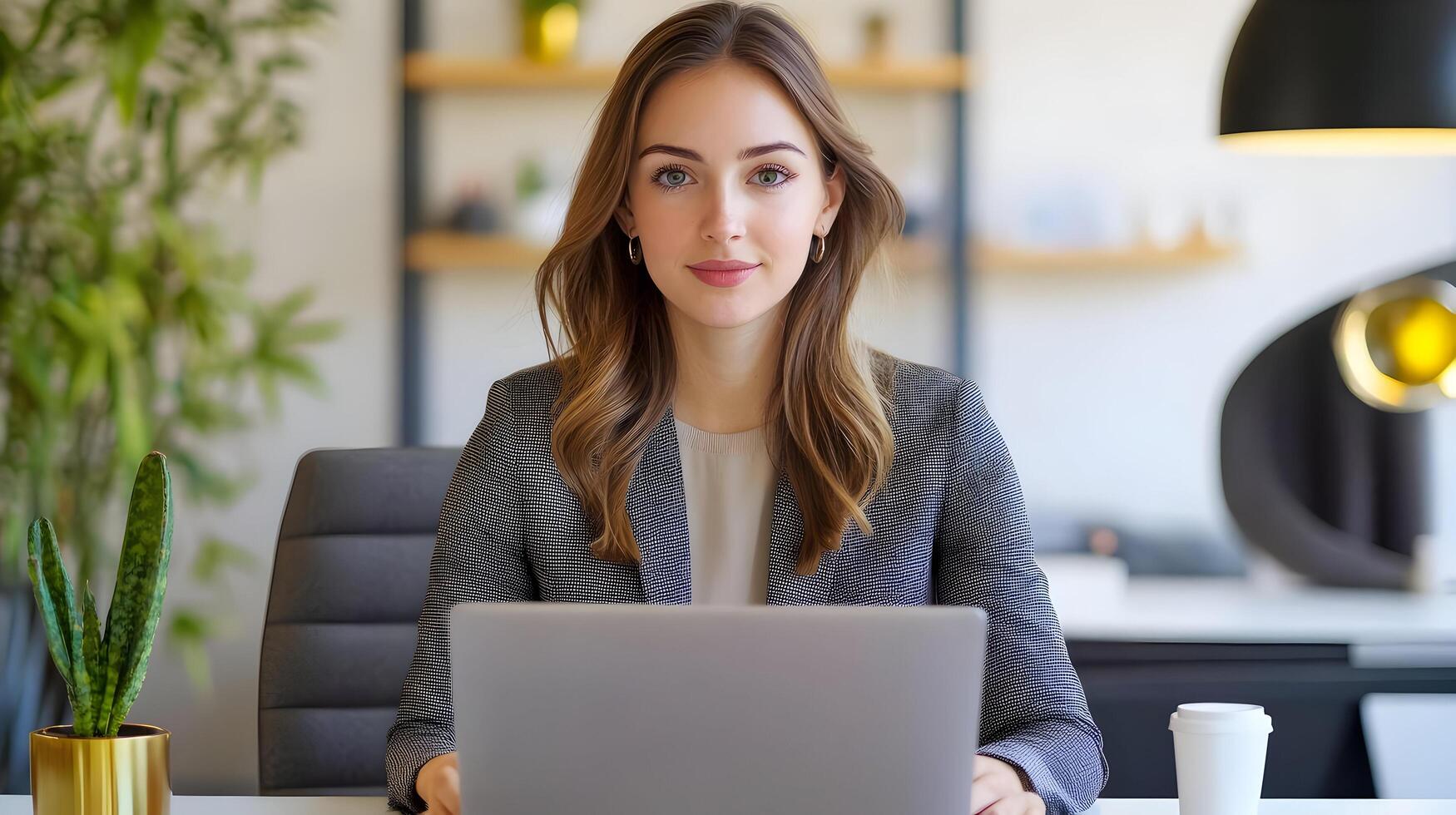 Portrait of a Stylish Caucasian Female Manager Sitting at a Desk and Using a Laptop Computer in a Contemporary Office Setting of a Marketing Agency. photo