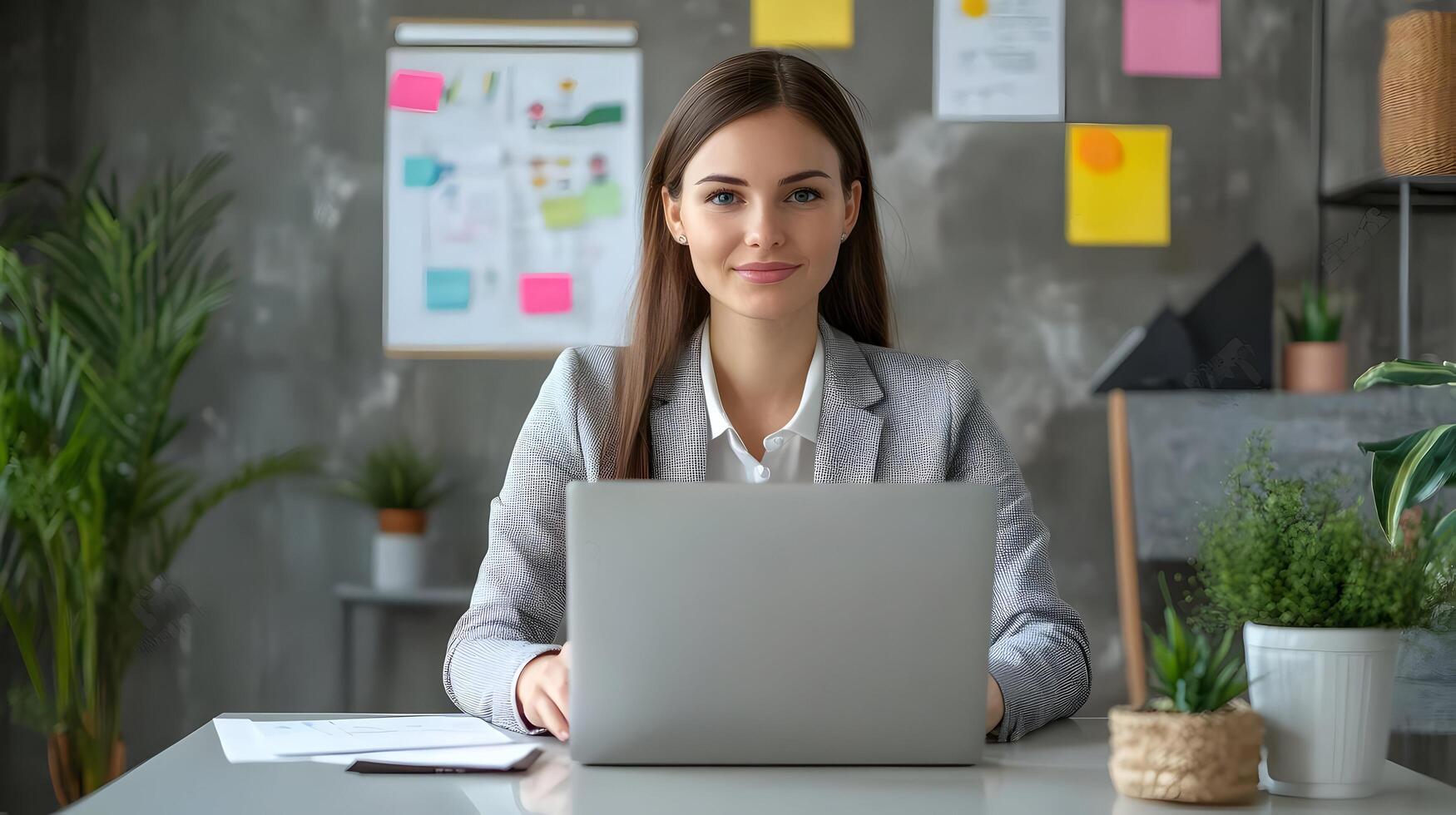 Portrait of a Young Caucasian Female Manager Sitting at a Desk and Using a Laptop Computer in a Modern Office Environment. The Stylish Businesswoman is Working in a Marketing Agency Setting. photo