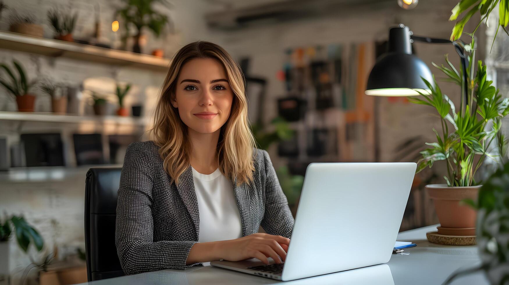 Portrait of a focused and stylish Caucasian female manager sitting at her desk and using a laptop computer in a contemporary marketing agency office. The image conveys a sense of professionalism. photo