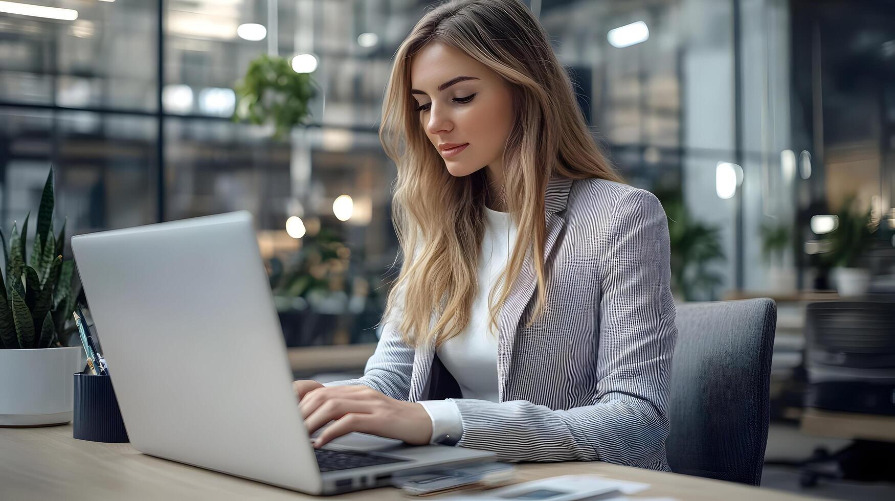 Portrait of a focused and determined young Caucasian female manager working intently on her laptop computer while seated at a desk in a contemporary corporate office environment. photo