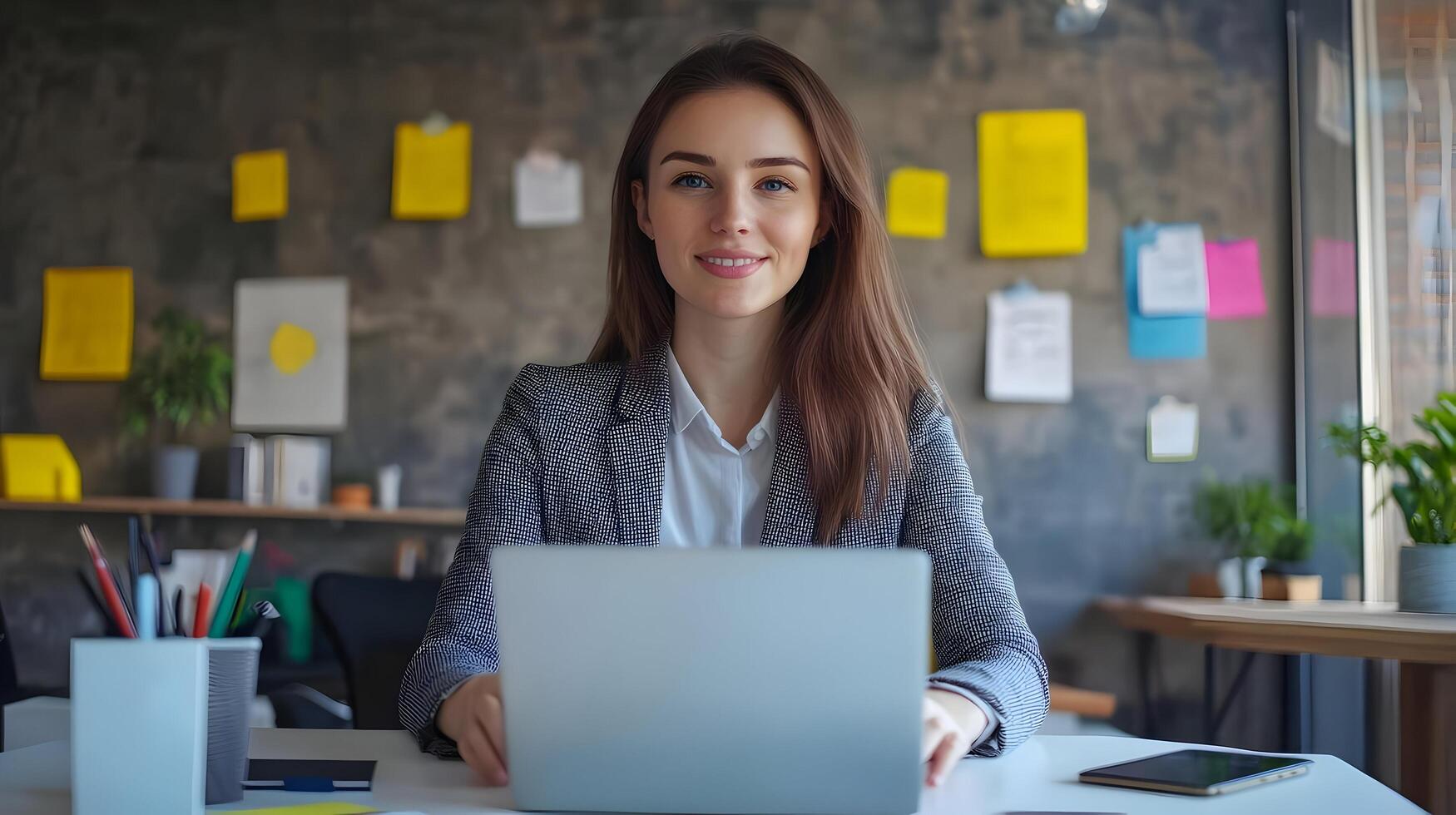 Portrait of a Confident Young Caucasian Female Manager Sitting at a Desk and Using a Laptop Computer in a Contemporary Marketing Agency Office Setting photo
