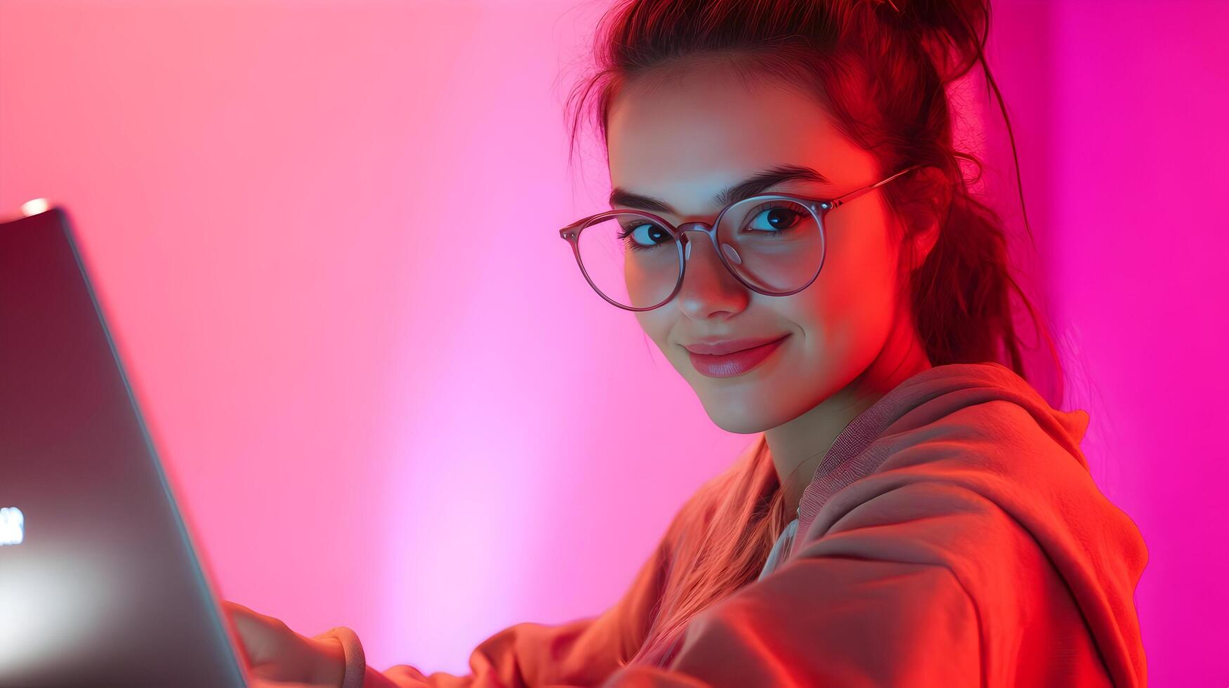 Confident and Smiling Redhead Woman Wearing Glasses,Using Laptop Computer,Representing an Information Technology Specialist,Software Engineer or Developer in a Studio Setting with Pink Background photo