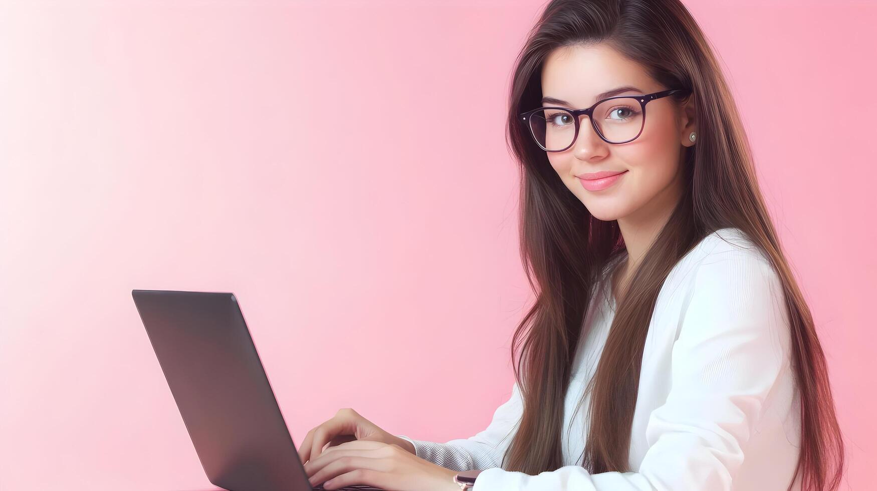 Confident Young Businesswoman or Female Software Engineer Wearing Glasses and Using Laptop Computer in Modern Information Technology Workspace photo